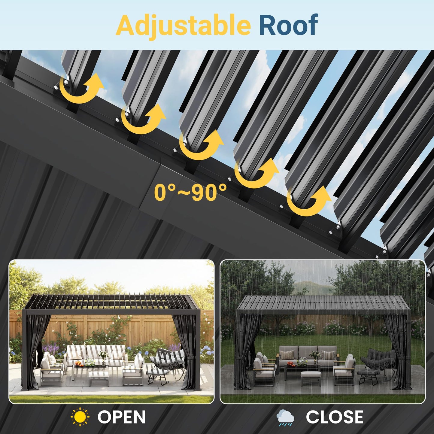 12' x 16' Louvered Pergola, Metal Outdoor Pergola with Adjustable Louvered Roof, Curtains & Netting, Gutter System, Hardtop Patio Gazebo for Patio, Deck, Garden, Yard, Dark Gray