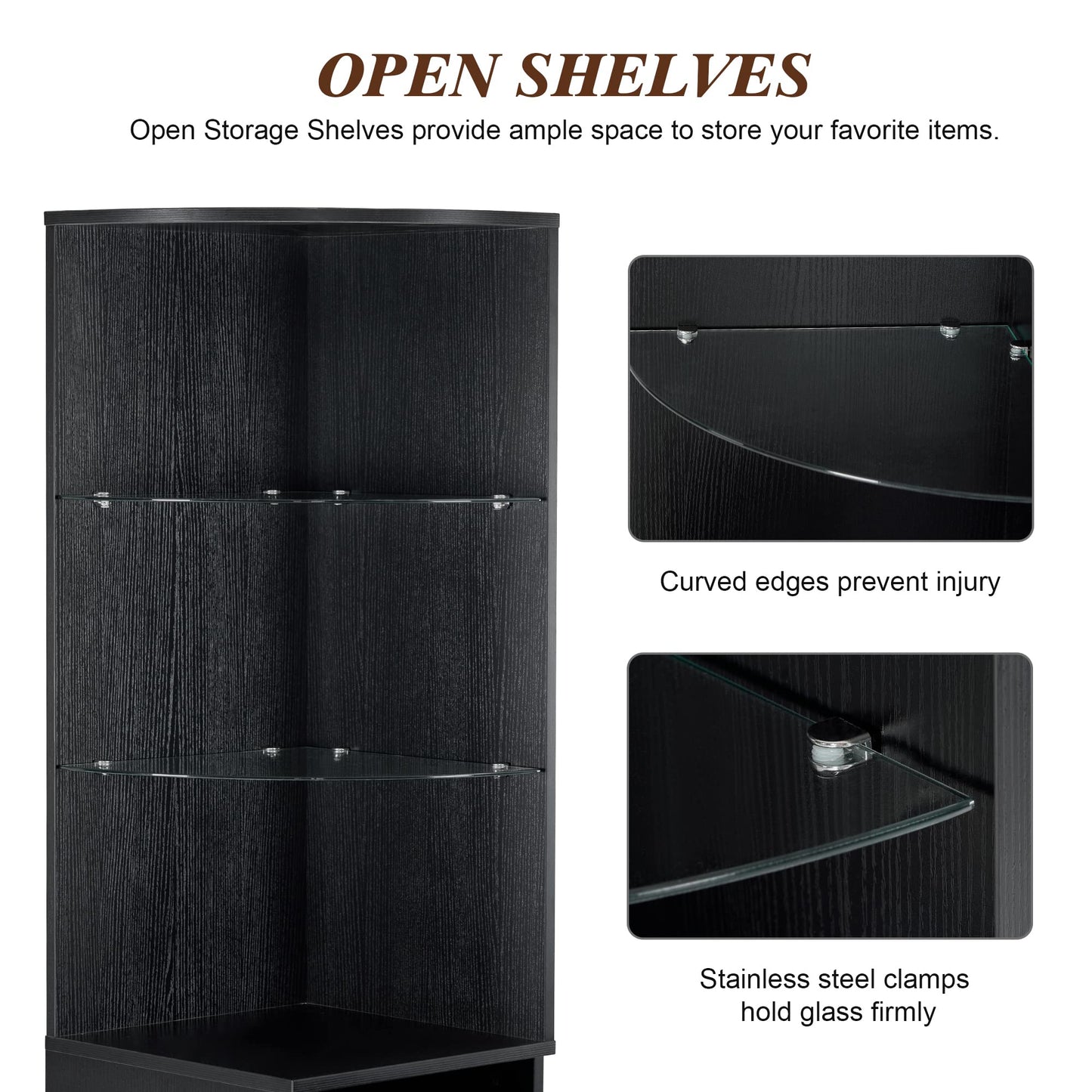 BarberPub Corner Salon Storage Cabinet with Door and Glass Shelves, Beauty Barber Equipment for Storage, 15.8" W x 69.9" H x 15.8" D 3200 (Black)