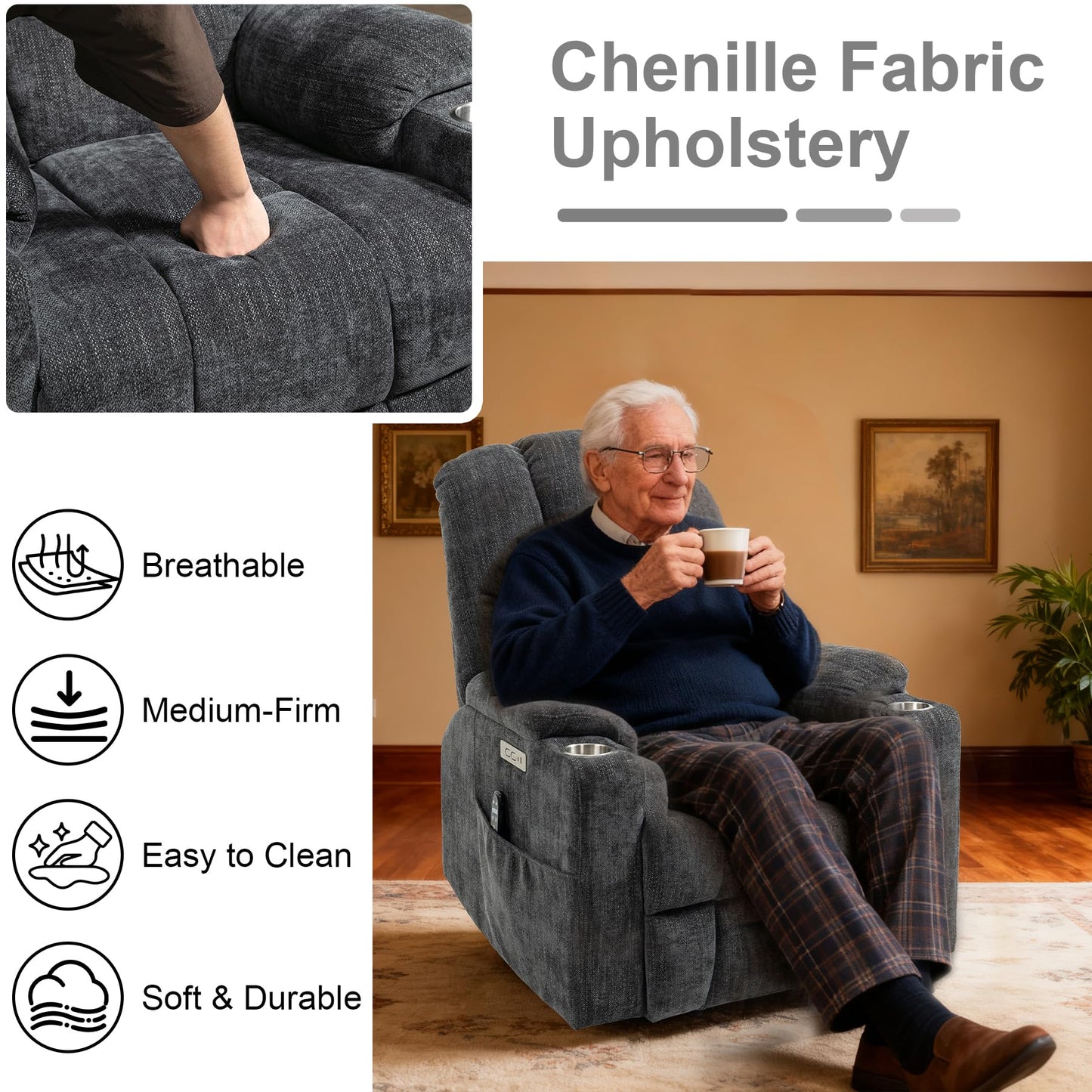 RHHVVR Power Lift Recliner Chair for Eldery, Chenille Electric Recliner Chairs with Massage and Heat, Remote Control Standing Assistance Lay Flat Recliner Sofa for Living Room Medium-Firm, Grey