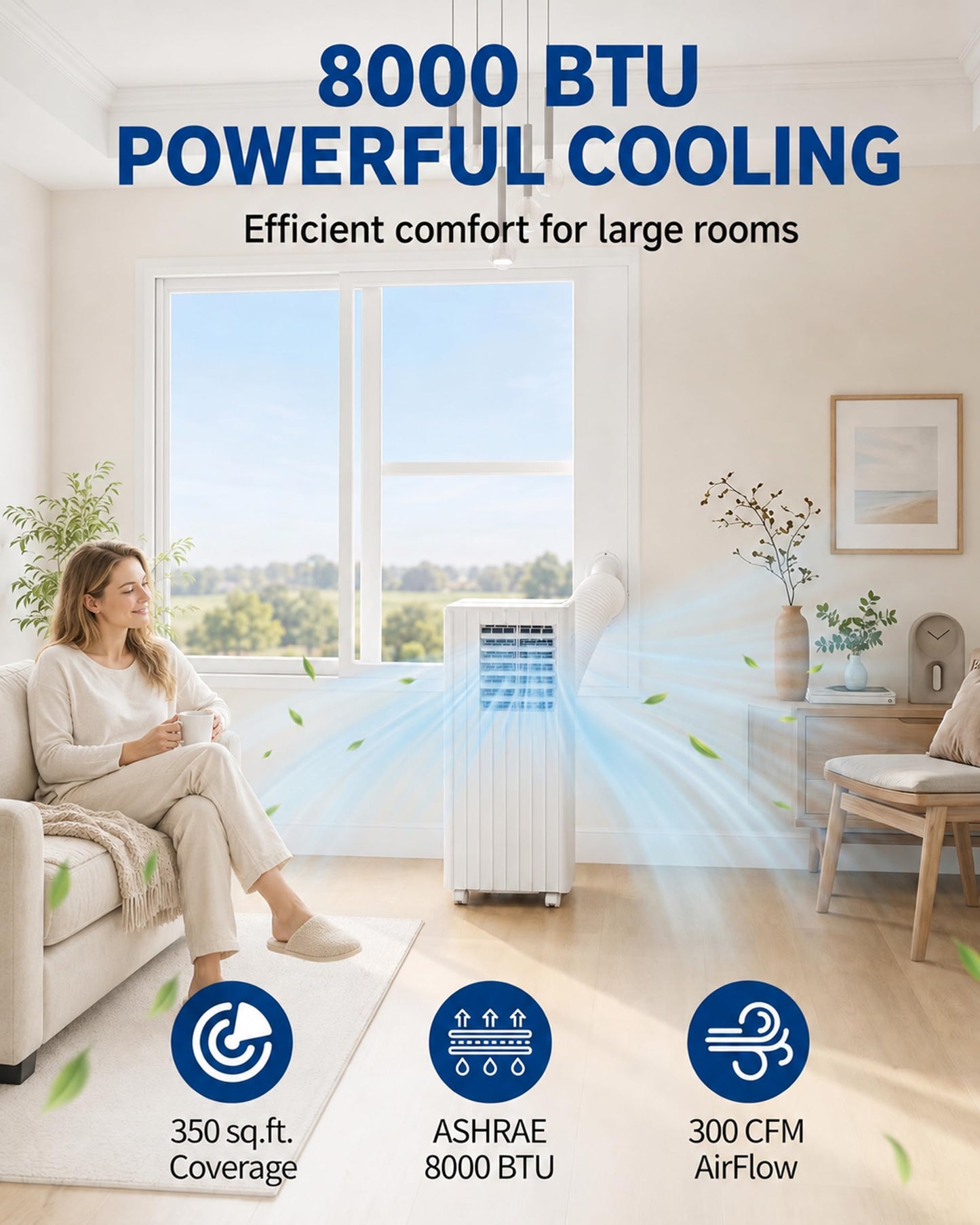 8,000 BTU Portable Air Conditioners, Cools Room Up to 350 Sq.Ft, 4-in-1 AC Unit with Dehumidifier & Fan Mode, Remote Control, Ultra-Quiet 50dB, White & Black, Easy Window Kit