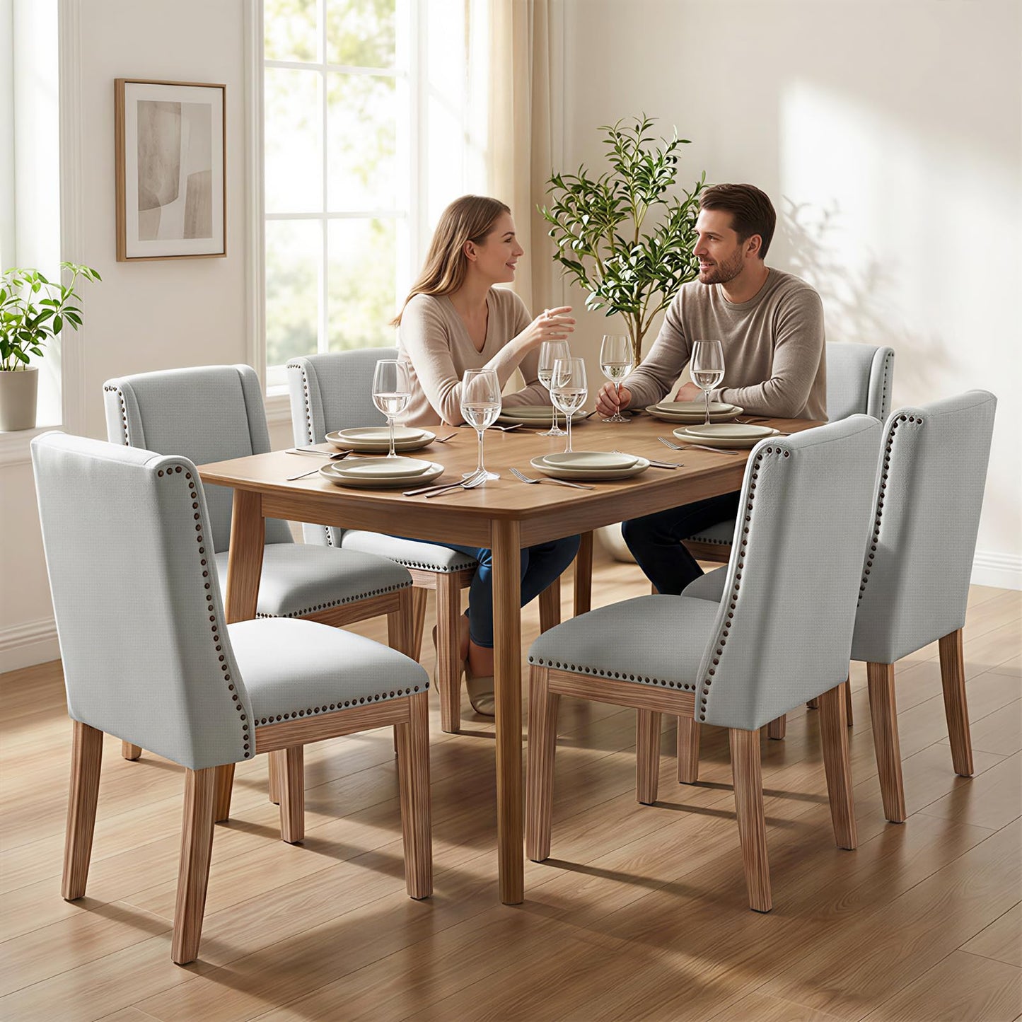 MALOL Dining Chair Set of 6, Fabric Upholstered Kitchen Side Chairs with Wooden Legs for Kitchen & Restaurant Use, LightGrey
