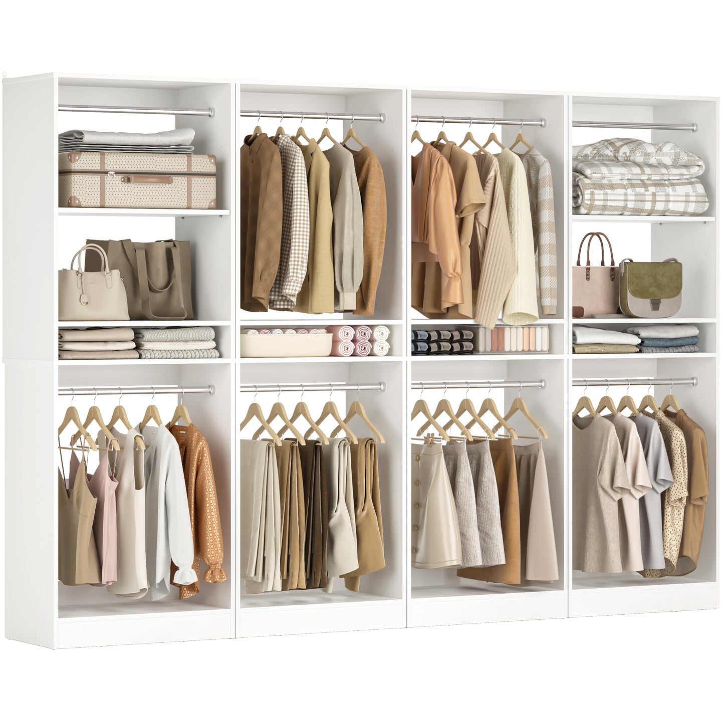Unikito 100” Closet System, 8.3FT Wood Closet Storage Organizer with 8 Hanging Rods, Adjustable Large Walk in Wardrobe Closet Tower, Sturdy Clothes Garment Rack, Easy Assembly, Set of 4, White