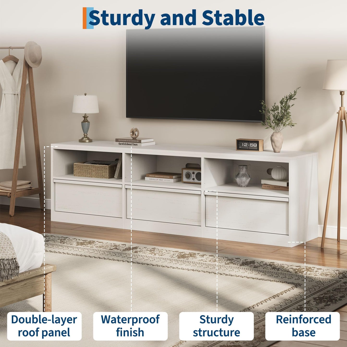 IDEALHOUSE 70" TV Stand for 75 80 Inch TV, Mid-Century Modern Entertainment Center with Storage Drawer & Open Shelves, Wood Media Console Table for Living Room & Bedroom, White
