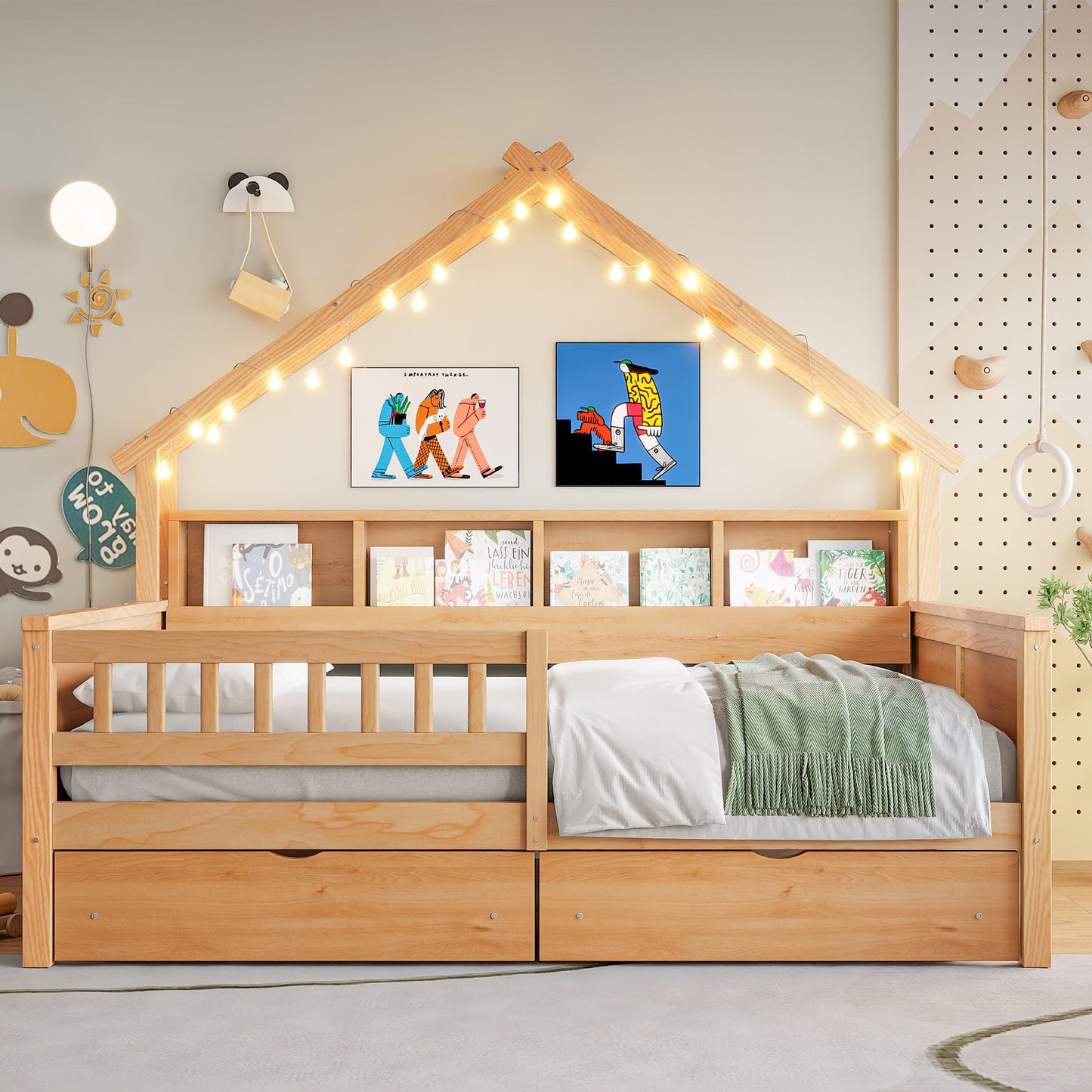 Merax Full Size House Platform Bed with LED Lights, Storage Shelves & Drawers - Bed with Guardrail, Sturdy Pine Wood & MDF Frame, Natural