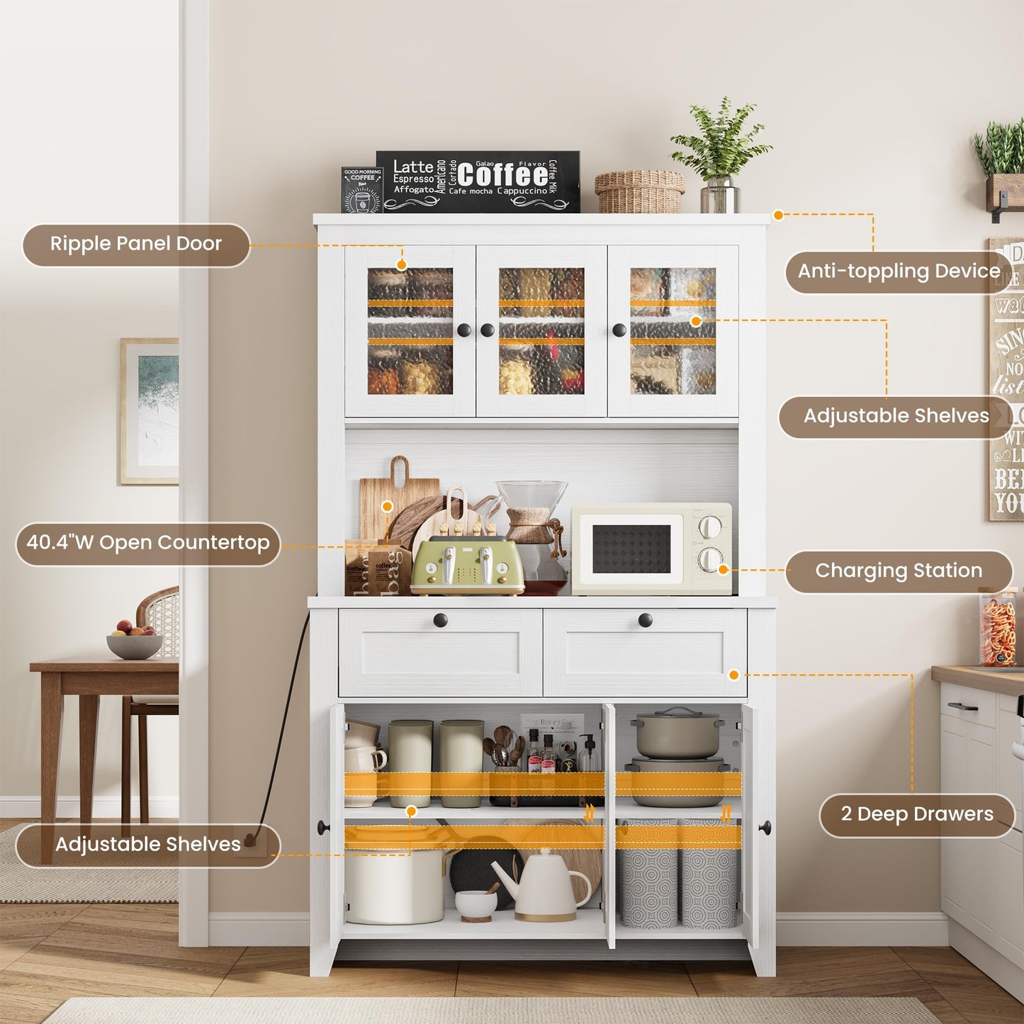 GAOMON 66" Tall Kitchen Pantry Cabinet, Modern Kitchen Hutch with Charging Station, Large Coffee Bar Storage Cabinet with Glass Doors and Drawers, White