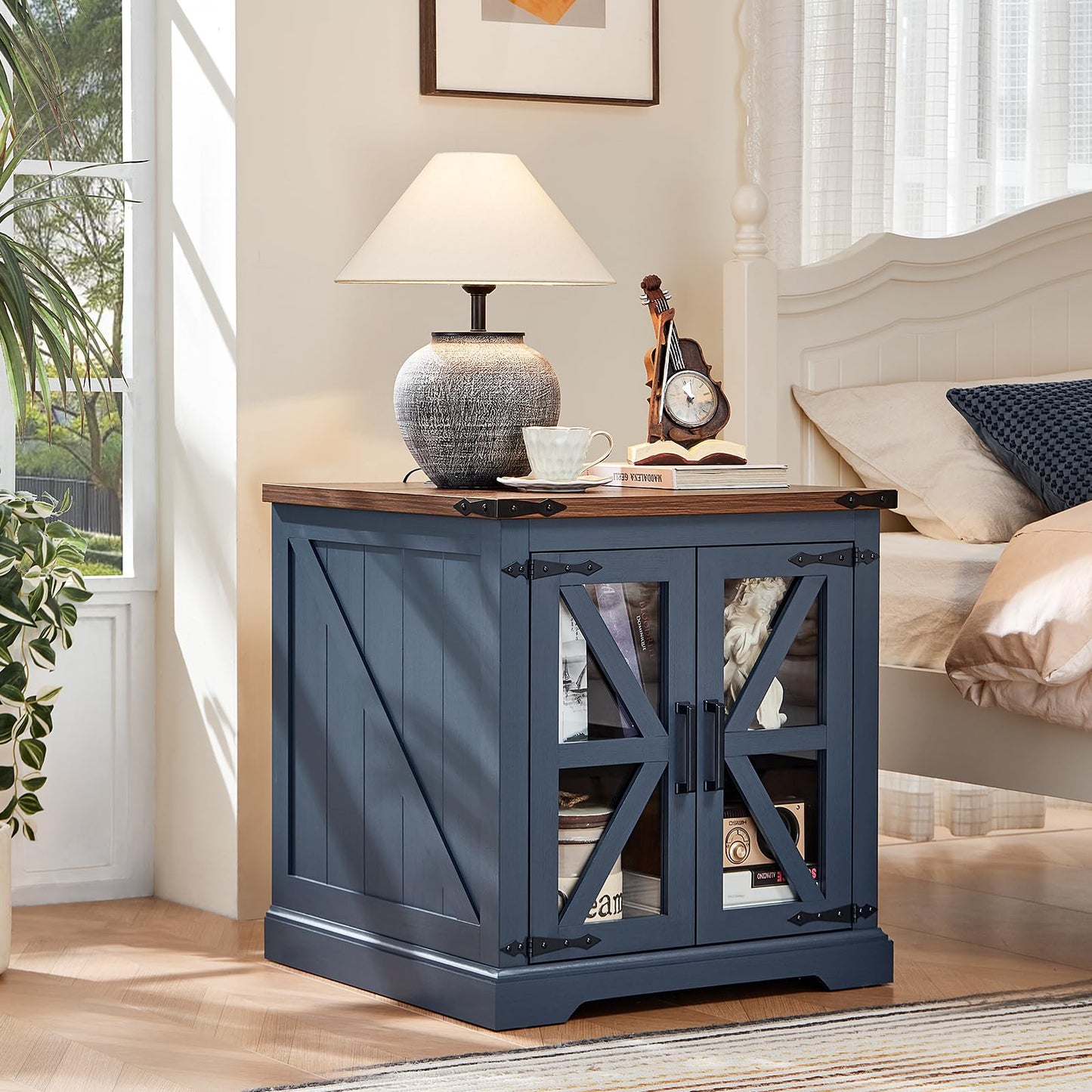 Joaxswe End Tables Living Room Set 3 with Charger Station, Farmhouse 18'' Narrow Night Stand and 24" Square Side Table with Glass Barn Door Storage, Wood Nightstand Bedside Tables for Bedroom Office ﻿