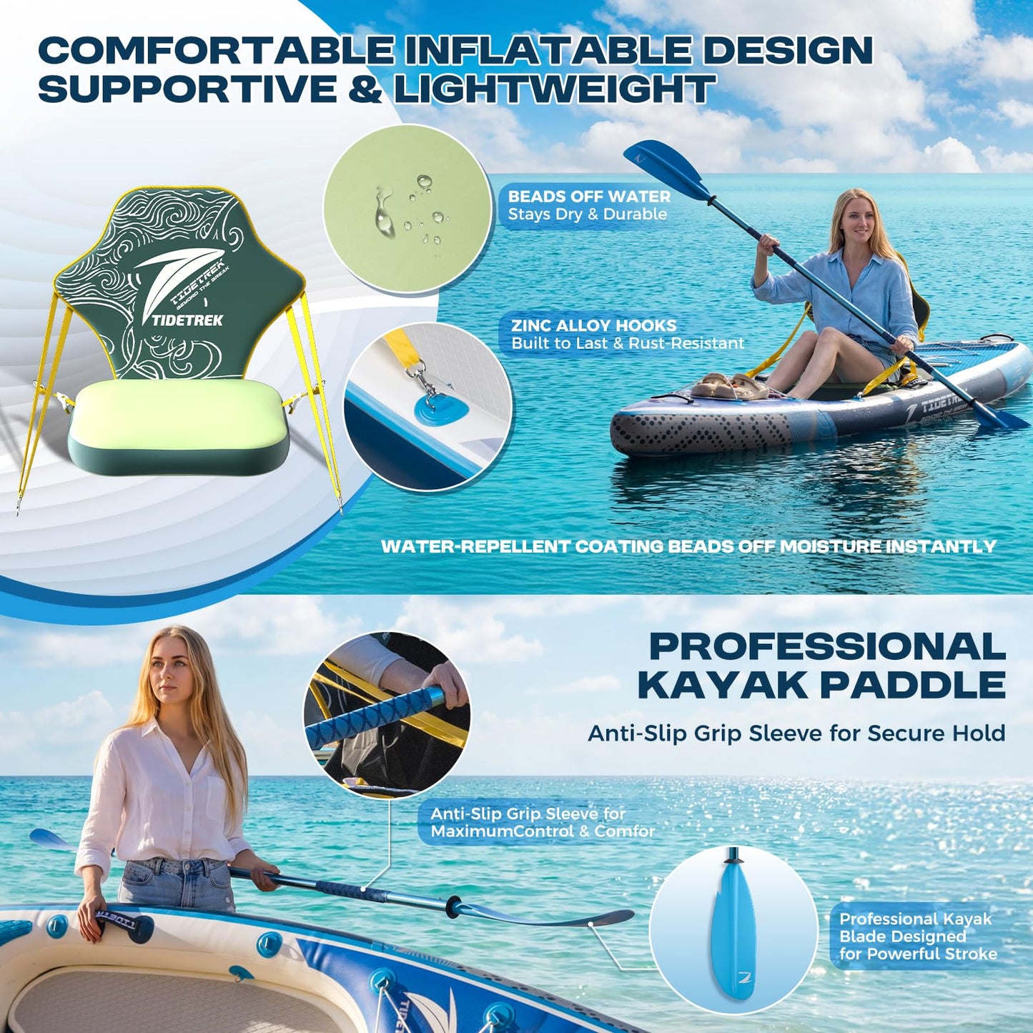 TIDETREK Inflatable Touring Kayak with Waterproof Seat & Premium Accessories, 11'3" x 35" x 8" Ultra-Stable SUP Kayak Hybrid, Non-Slip Comfort Deck for Adults & Youth (Deep Blue Current)