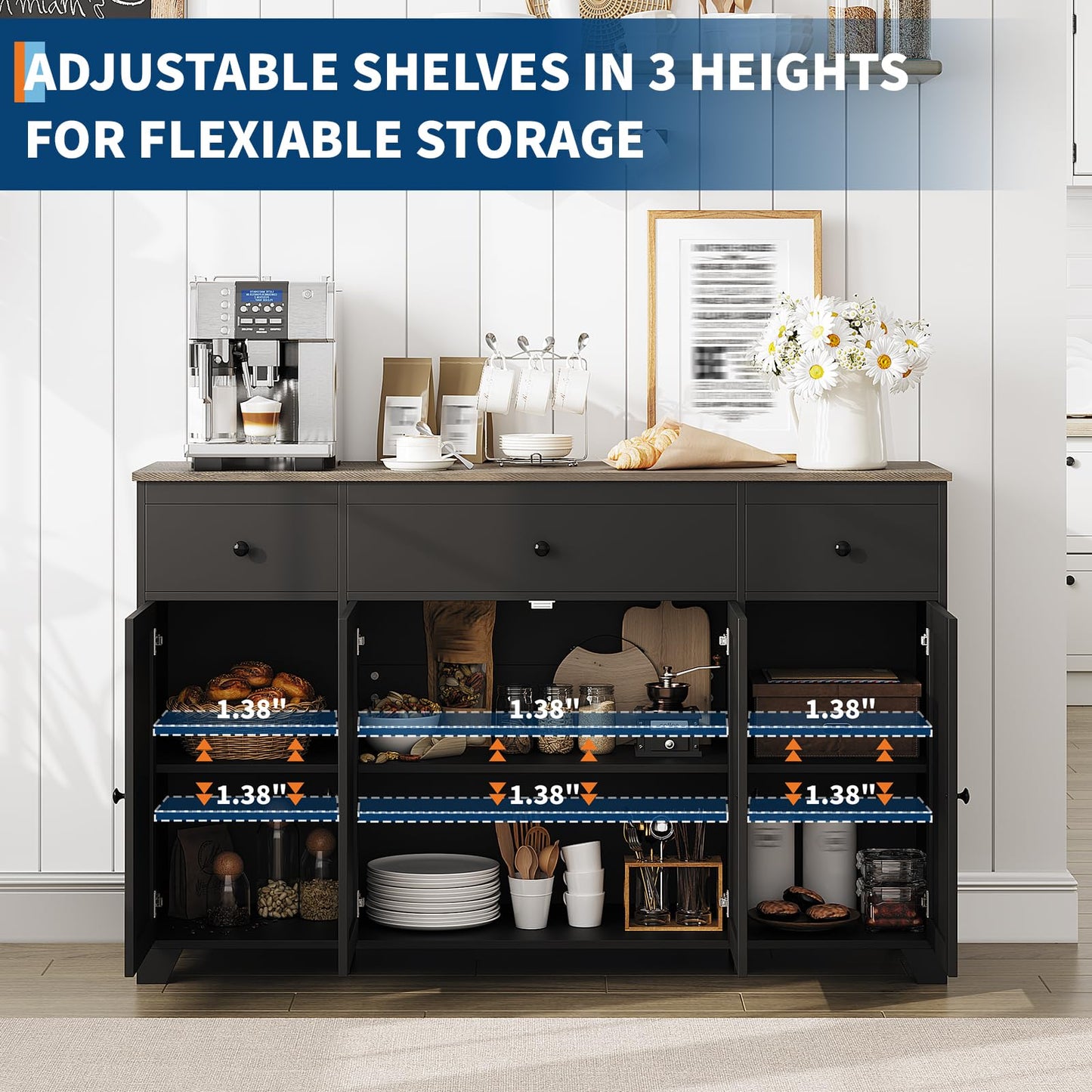 GAOMON 55" Large Sideboard Buffet Cabinet with 3 Drawers & Doors Farmhouse Kitchen Storage Cabinet Console Table Coffee Bar Buffet Table with Adjustable Shelf for Kitchen, Dining Room, Living Room