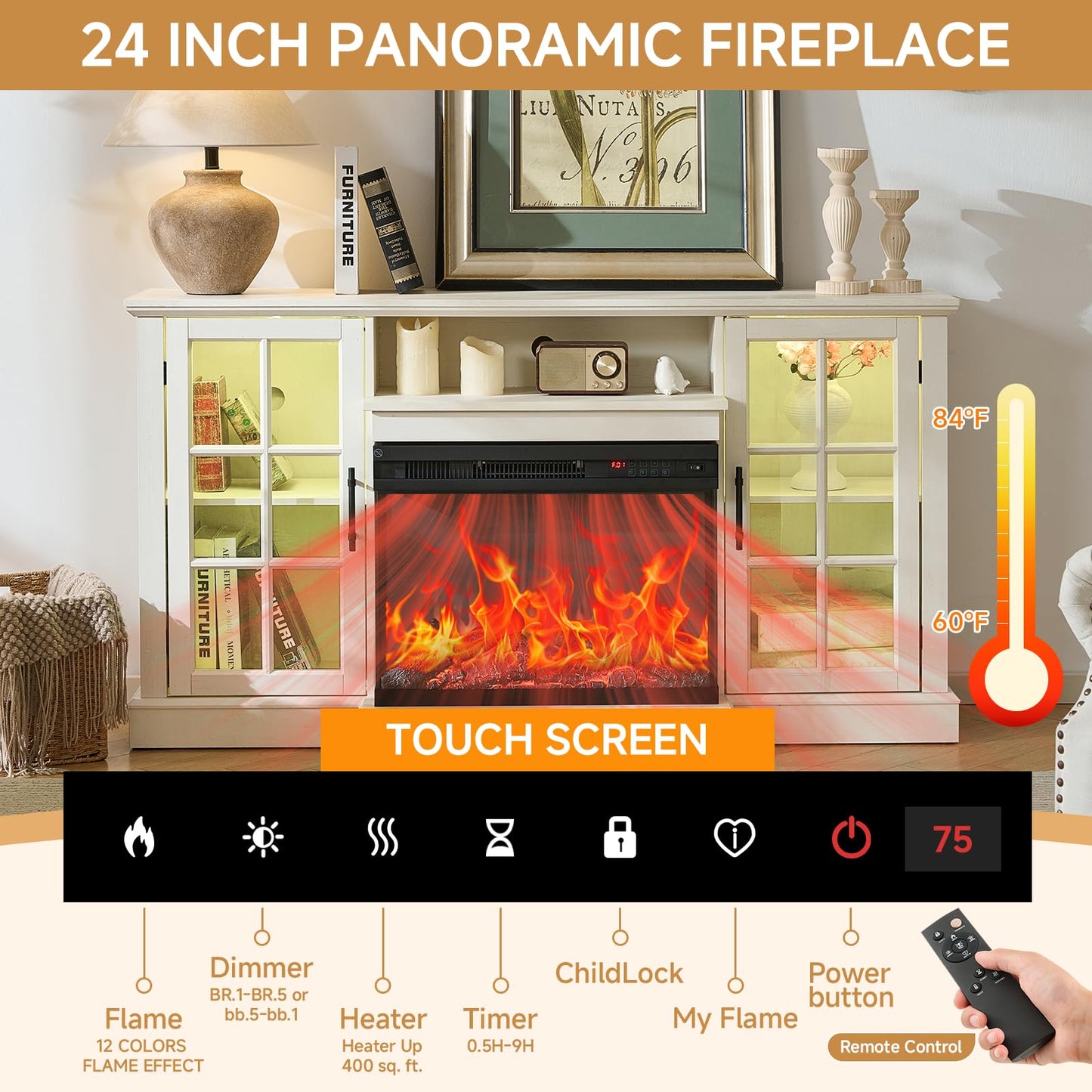ROCKPOINT 3 Sided Glass 59" Fireplace TV Stand for TVs up to 65inch, Media Entertainment Center with Storage Cabinet,24" Electric Fireplace with LED Light and Flame Colors, White