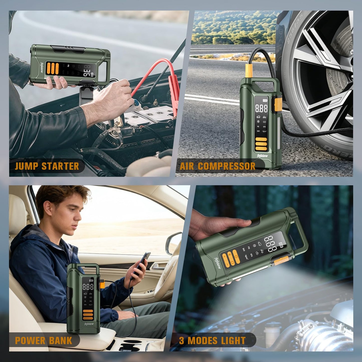Jump Starter with Air Compressor,6000A Car Battery Jumper Starter, 20000mAh Battery Jumper Starter Portable for 10L Gas/Diesel Engine with 160PSI Booster,LED Display & Light,Jumper Cables
