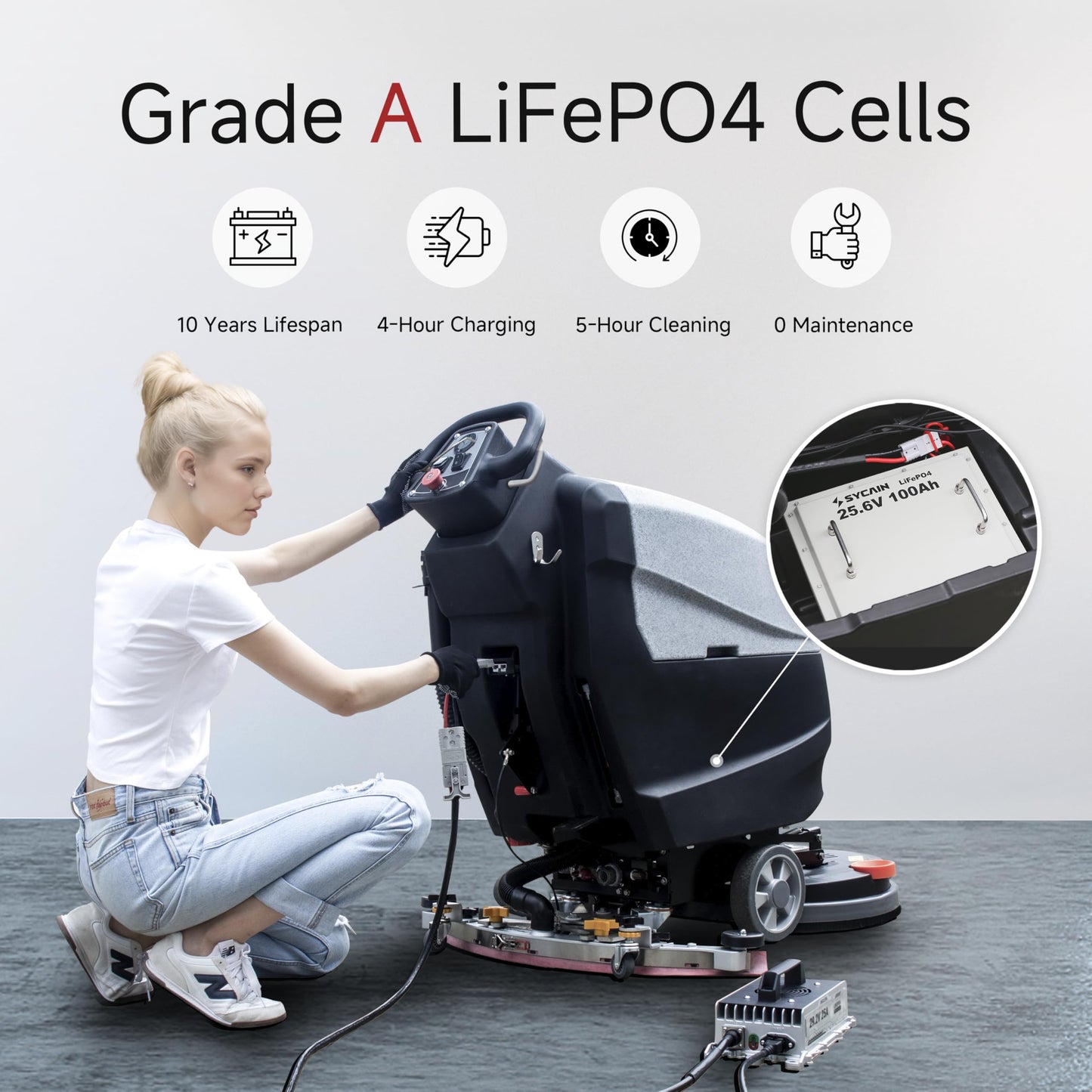 AIOLITH AF2013 Walk-Behind Commercial Floor Scrubber with 20" path, Lithium Battery, Up to 5 Hours Runtime, 11/13 Gal Tanks, Under 65 dBA, Floor Cleaning Machine for Retail Stores, Schools & Offices