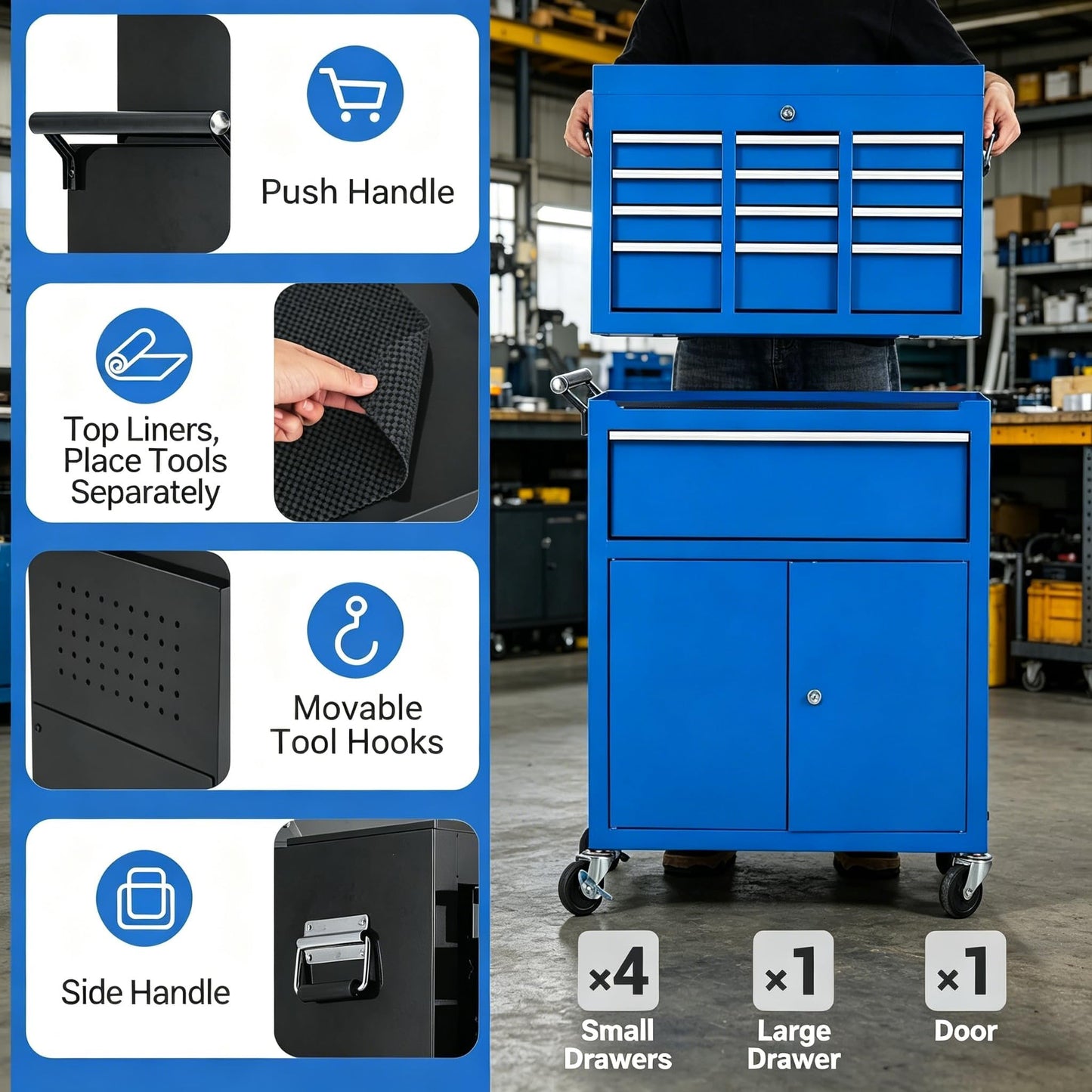 SierraSquad Heavy Duty 5-Drawer Rolling Tool Chest, 2-in-1 Detachable Top Tool Box, Locking Steel Storage Cabinet Cart on Wheels, Blue