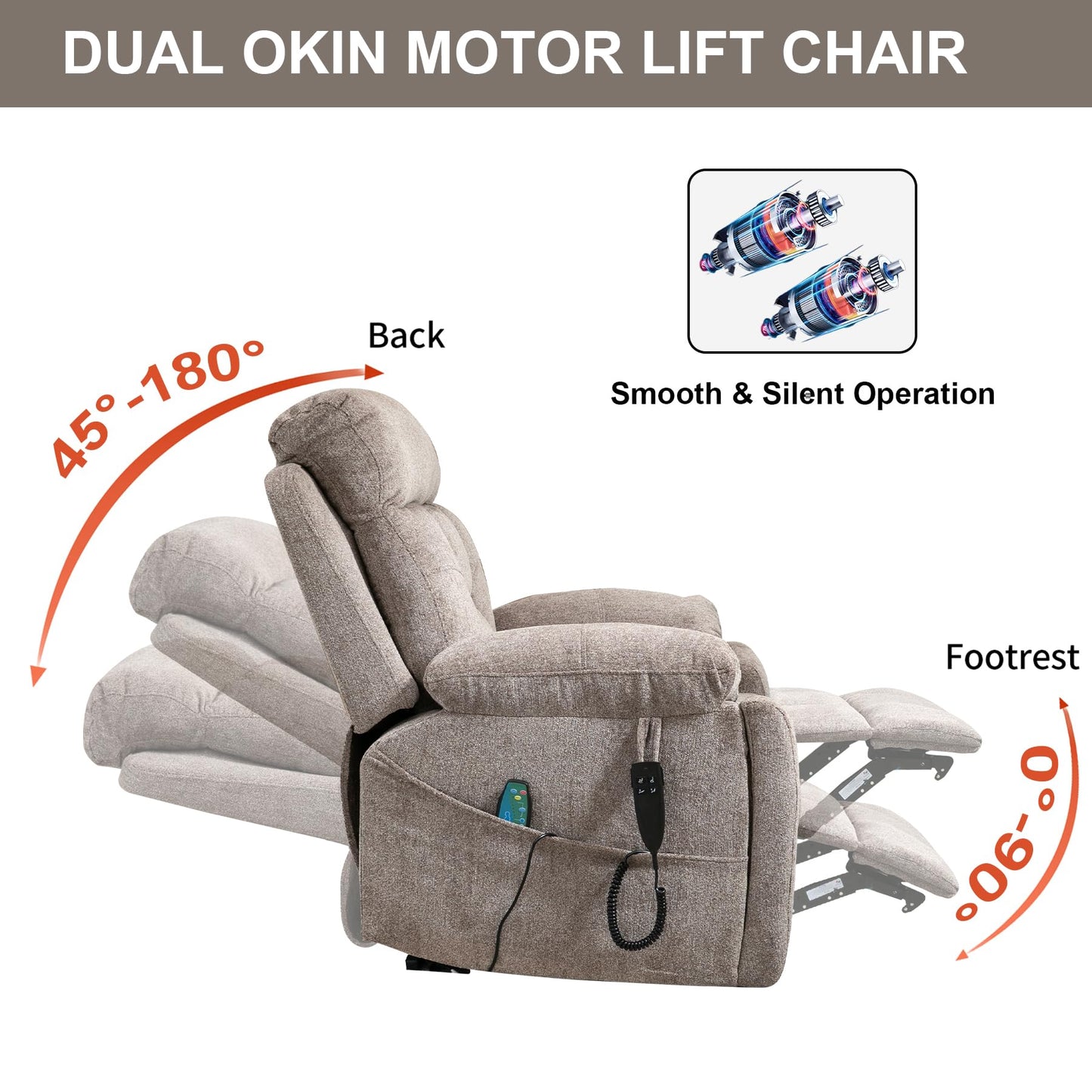 RHHVVR Oversized Lift Recliner Chair for Elderly, 26" Extra Wide Seat Power Lift Recliners with Heat and Massage, Dual Motor Electric Lay Flat Living Room Sofa with Lumbar Pillow, Light Brown