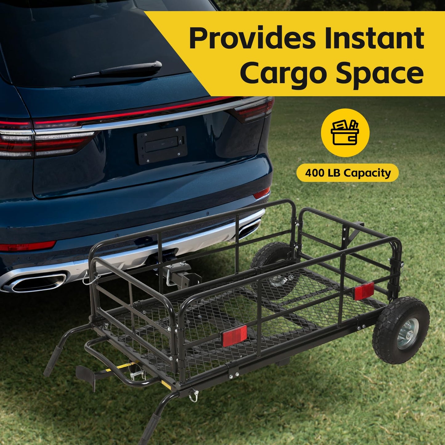 MaxxHaul 50243 Foldable Hitch N Roll Cargo Carrier Cart With Quick Detachable Basket Rack With 10 inch Flat Free Tires for Home Camp Travel Ranch SUV Up to 400 lb. Capacity