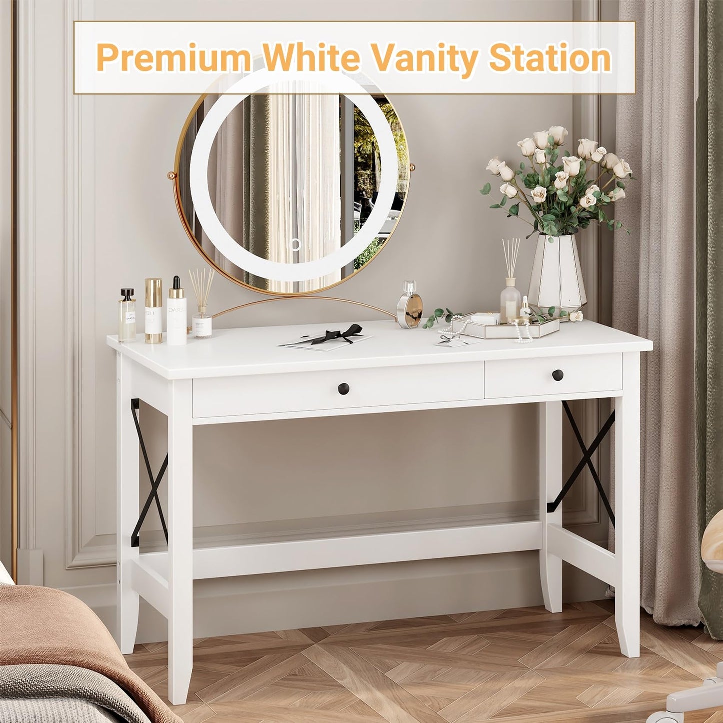 JSB 43.3'' White Computer Desk for Home Office,Farmhouse Executive Desk with 2 File Drawers,Study Writing Table Storage Cabinet,Makeup Vanity Desk for Bedroom (White, 43.3in)