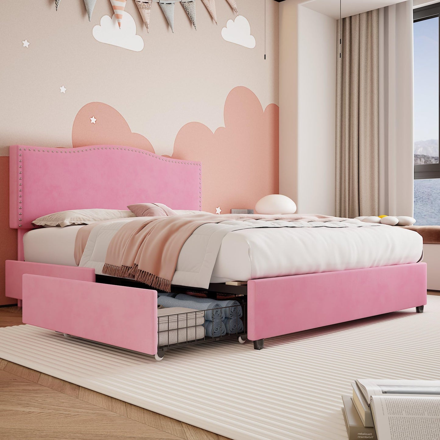 VECELO Queen Bed Frame Platform Bed Frame with Upholstered Headboard, 4 Storage Drawers, Strong Frame and Heavy-Duty Slats Support, Non-Slip and Noise-Free, Easy Assembly,Pink