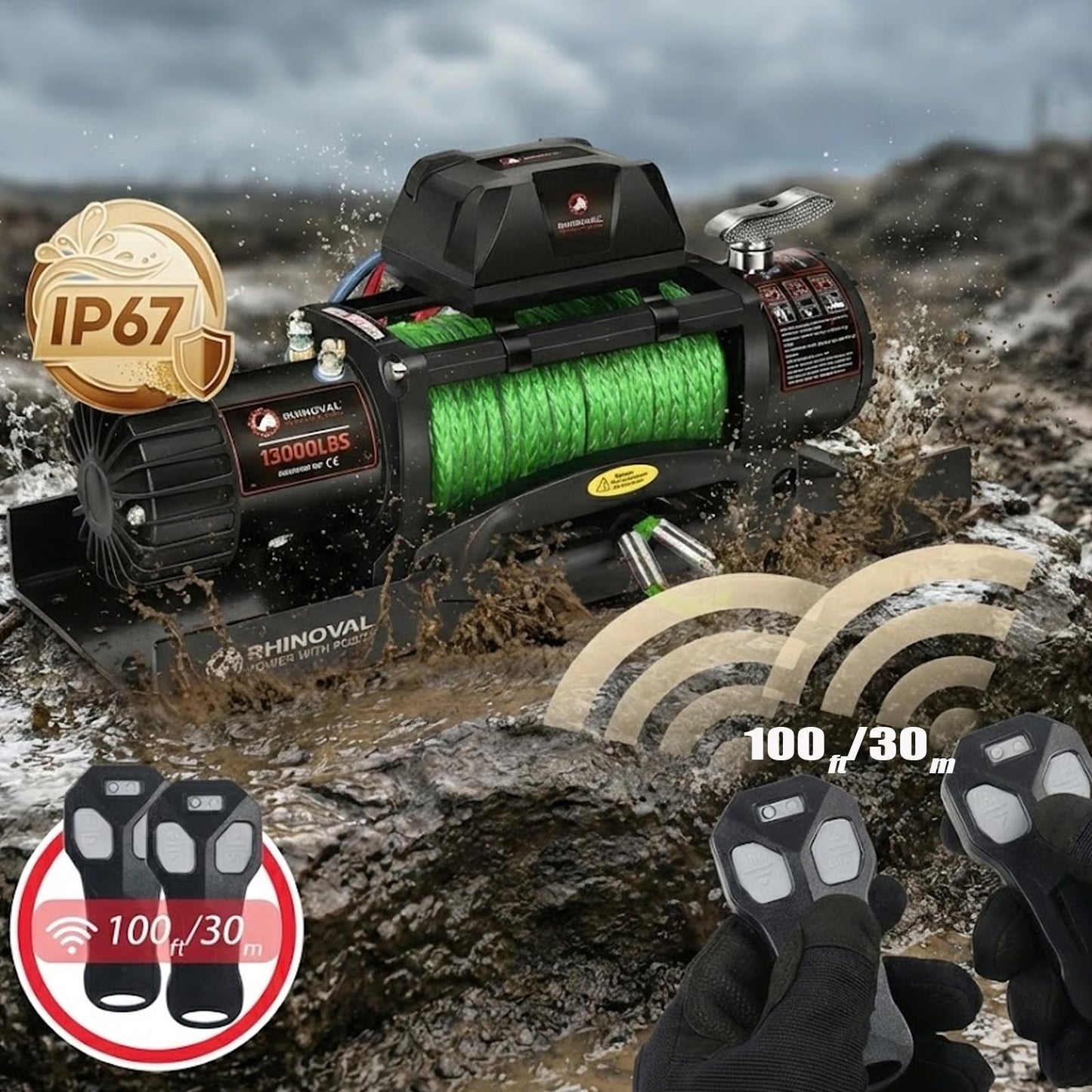 RHINOVAL 13000lb Electric Winch, Synthetic Rope Green, Battery Disconnect Switch, Low Profile Control Box, 12V, IP67 Waterproof, Wireless Remote, SUV, Truck, Boat Trailer. (RH13000A-G)