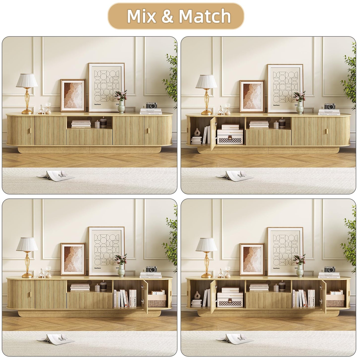 UKAOCAI 86.61'' Tambour TV Stand for 55-85 Inch, Modern Entertainment Center with Large Storage Cabinet & Open Shelves, TV Console with Sliding Doors for Living Room, Bedroom, Natural