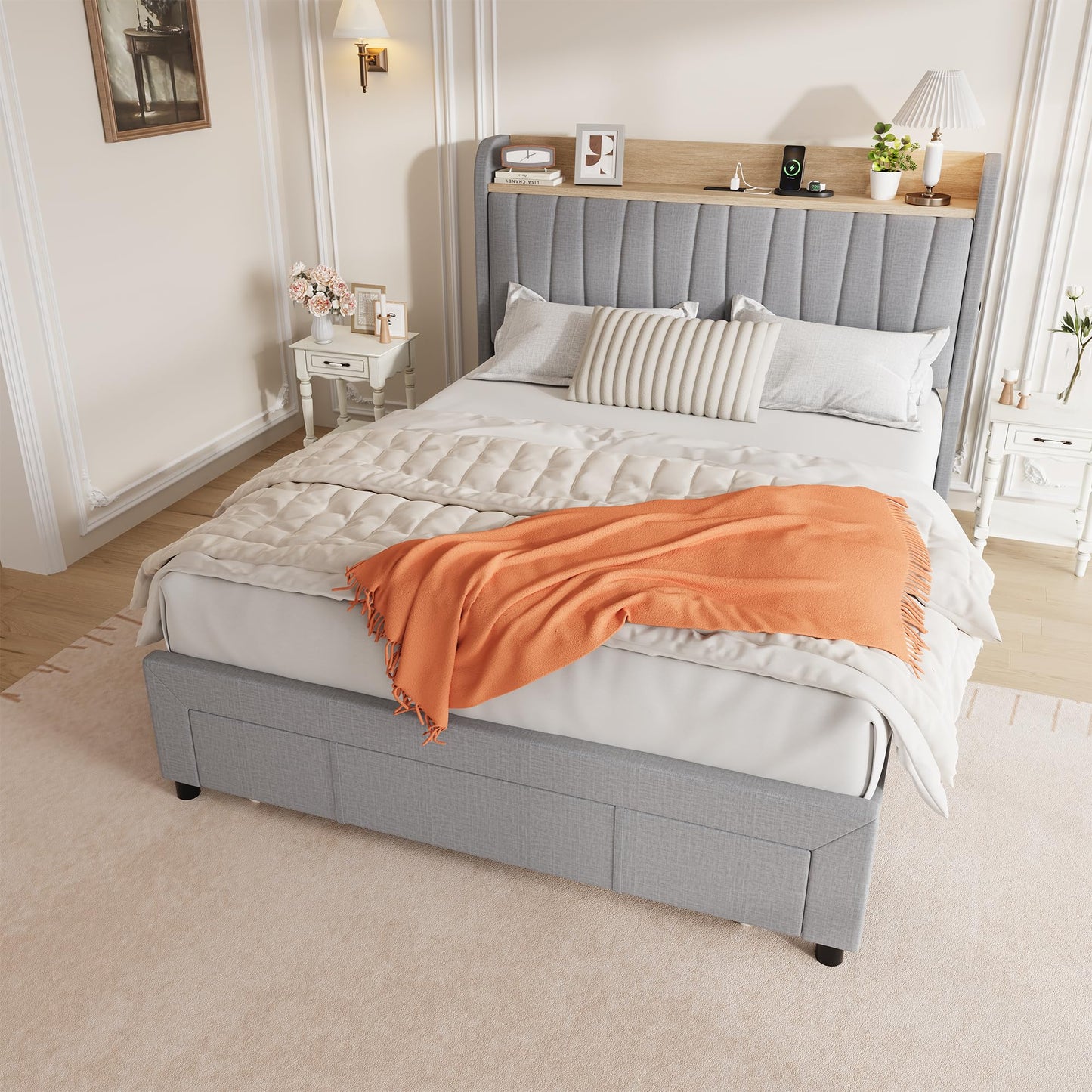 Queen Size Upholstered Platform Bed Frame with Storage Headboard and Charging Station (2 USB & AC), Drawers, Uniform Wood Slats, No Box Spring Needed, Noise-Free, Easy Assembly, Light Gray