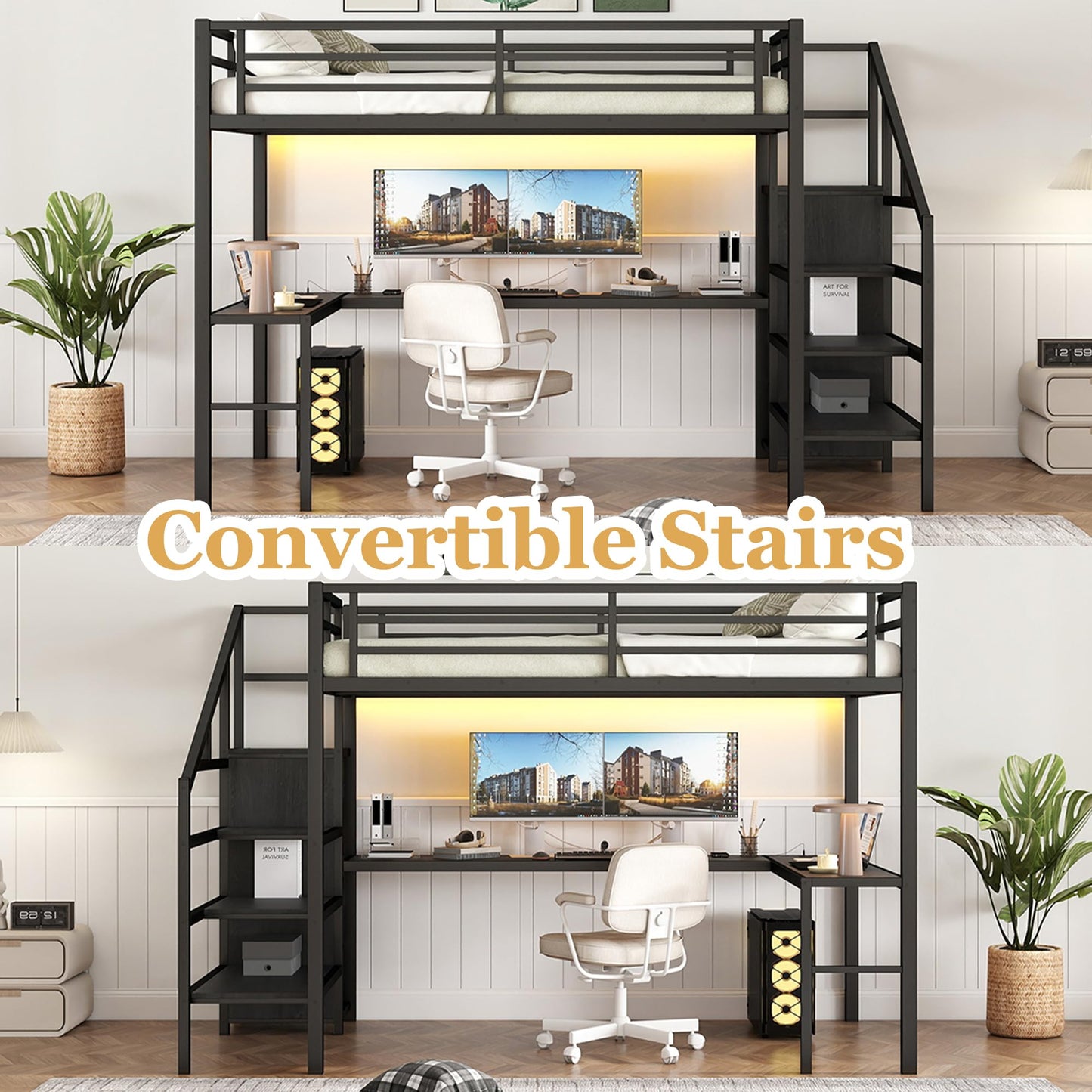 Bellemave Full Size Metal Loft Bed with L Shaped Desk and Wardrobe, Heavy Duty Loft Bed Frame with Storage Stairs, LED Loft Bed Frame with Charging Station & Safety Guardrails, Black