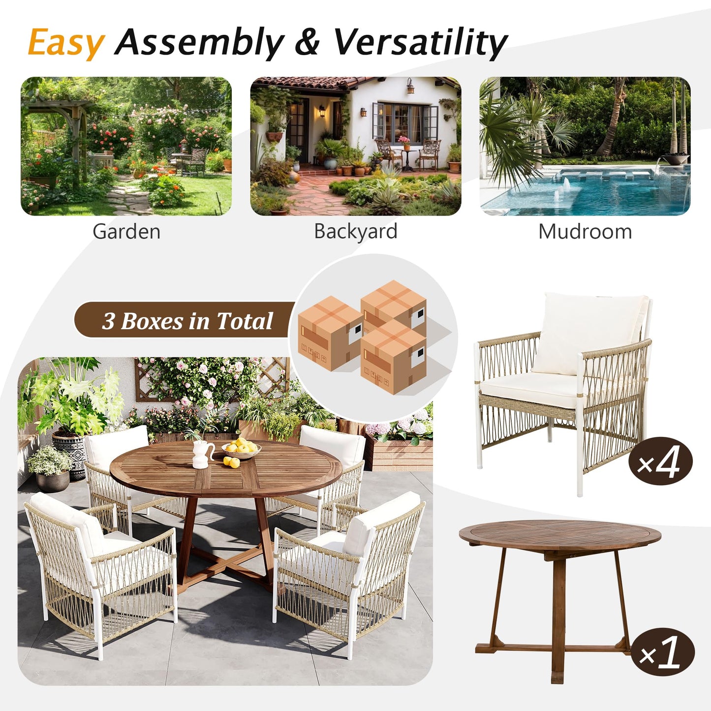 Merax 5 Piece Patio Dining Set, Outdoor Acacia Wood Extendable Round Table with 12 Inch Butterfly Leaf and 4 Rattan Arm Chairs w/Cousions & Pillows for Backyard,Balcony, Garden, Poolsid, Natural