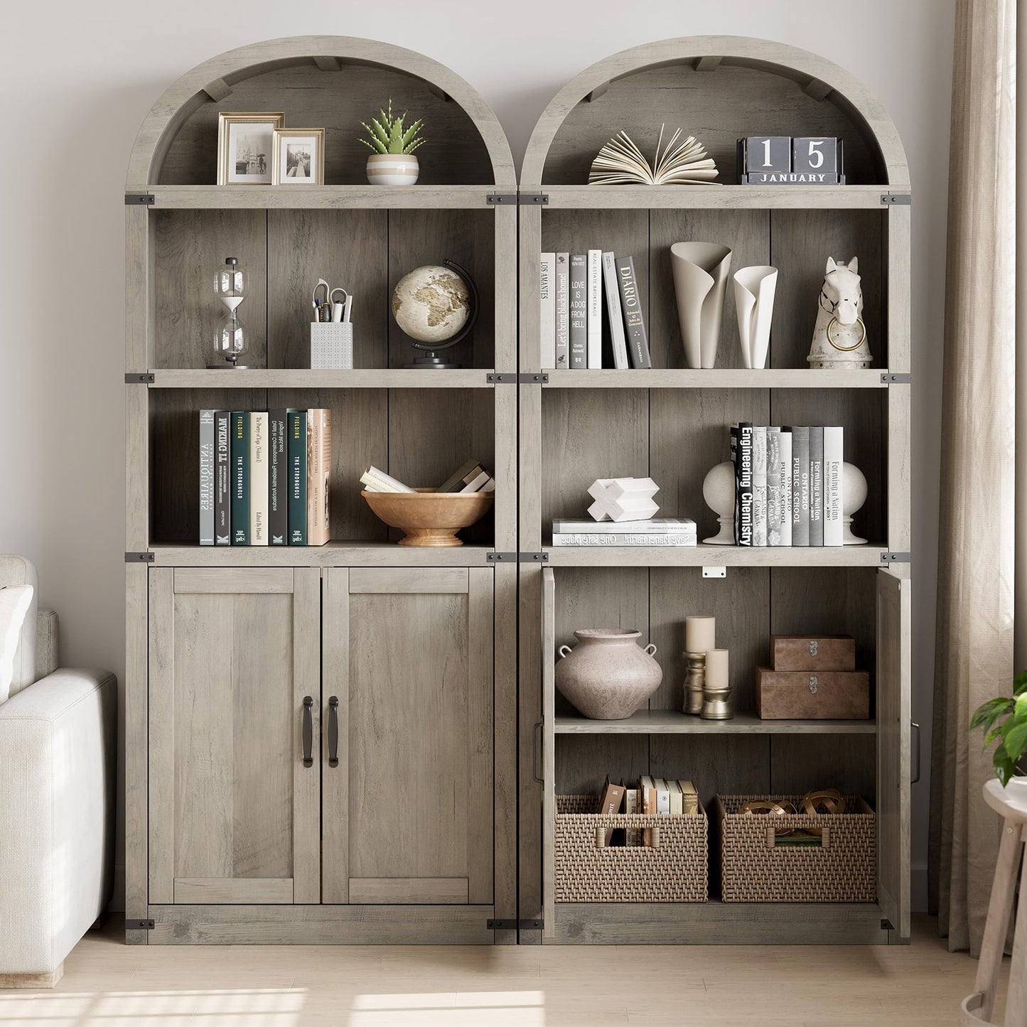 GarveeHome Bookcase with Doors Arched Bookshelf 71.65 in Tall Bookcase Farmhouse Cabinet with Shelves Wooden Bookshelves for Home Office, Living Room (Grey)