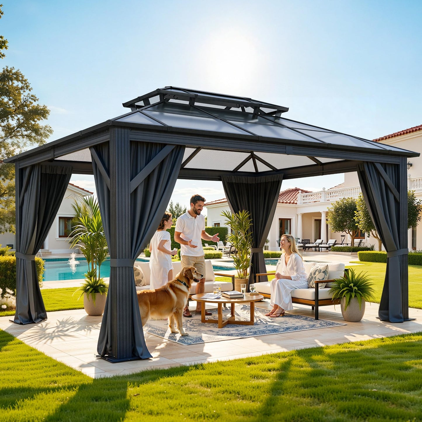 YITAHOME 10X12FT Polycarbonate Gazebo Outdoor Patio Double Top Canopy Galvanized Iron Aluminum Column Garden Tent Curtains Netting for Backyards Decks Lawns,Gray
