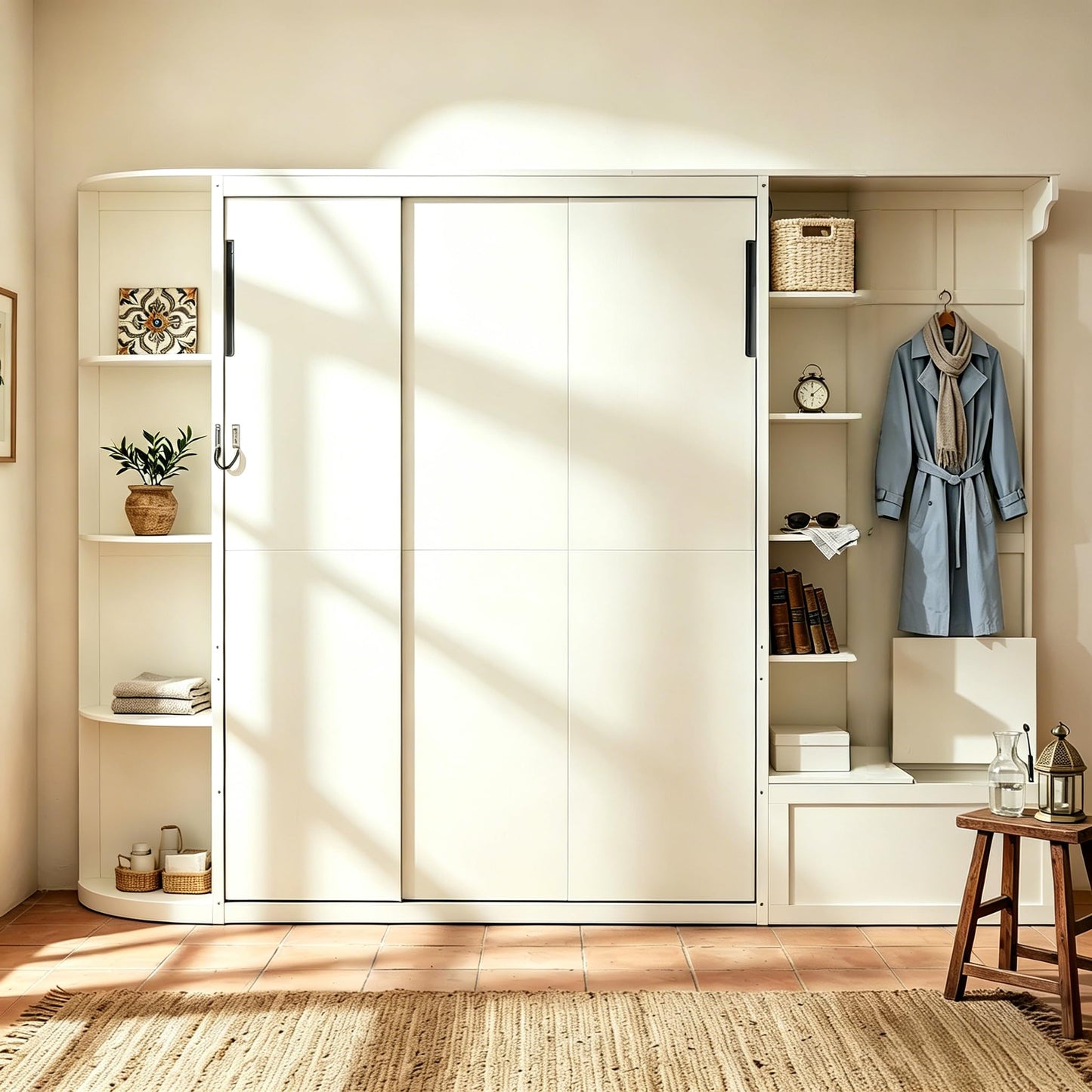 Merax Queen Size Murphy Bed with Storage and Lights, Hidden Fold-Out Legs, Foldable Murphy Cabinet Bed with Hook, Built-in Shelves & Cabinets, Wood Space-Saving Wall Bed for Guest Room Office, White