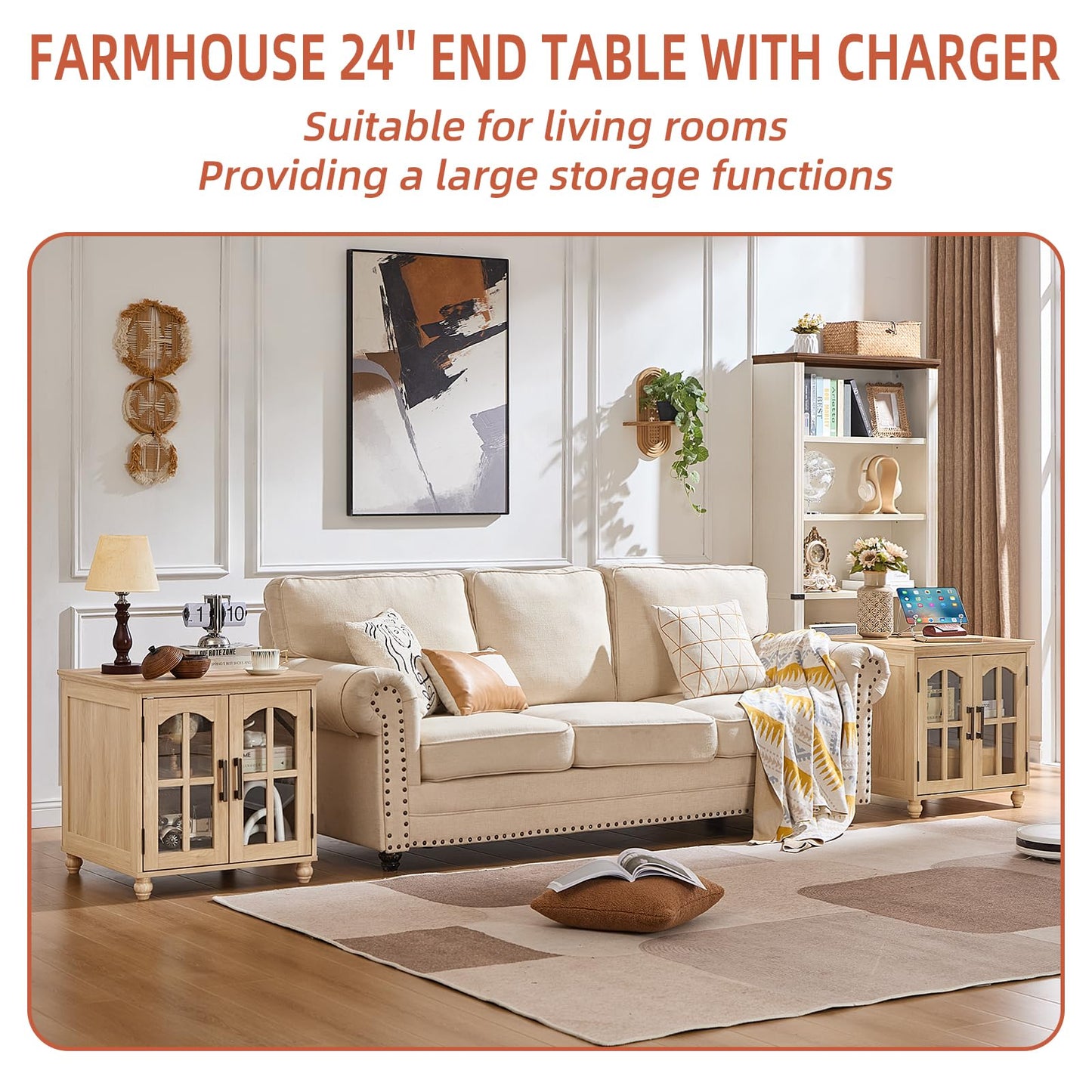 RWYHG Farmhouse 24" End Table Set of 2 with Charging Station, Large Sofa Side Table with Glass Barn Door,Wood Night Stand with Adjustable Storage Shelf,Square Bedside Table for Living Room,Bedroom