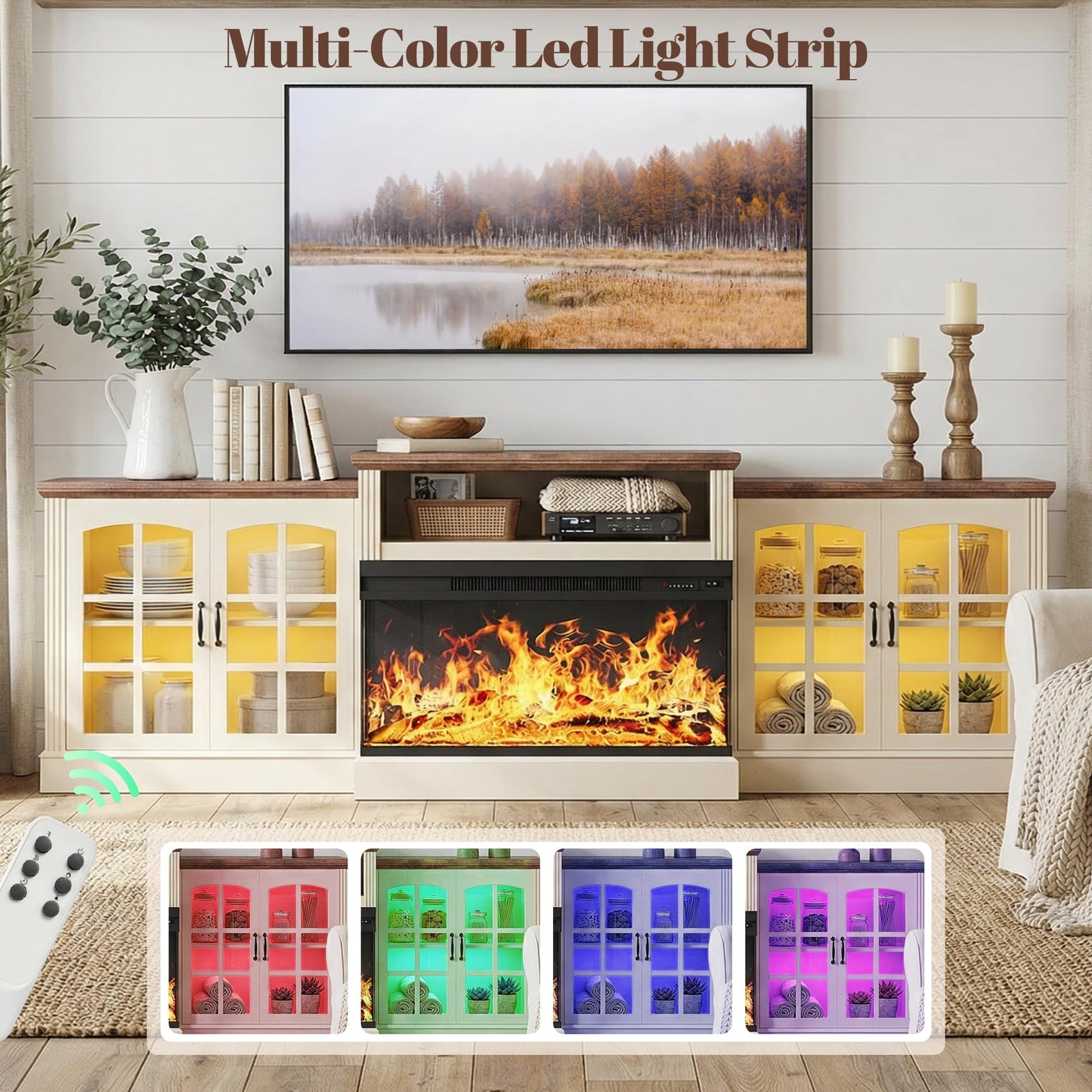 97" Farmhouse Fireplace TV Stand for TVs Up to 100", Entertainment Center with 36" 3-Sided Glass Electric Fireplace, 12 Flame Colors & LED Light Modes, Media Console for Living Room, White