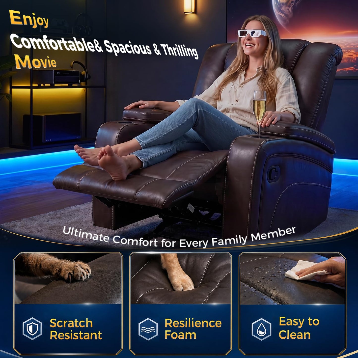 Oversized Recliner Chair, 3X Manual Recliner Single Home Theater Seating Sofa, RV Recliner Chair with Hidden Armrest Storage, Reclining Chair with 2 Cup Holders for Living Room (Brown, Microfiber)