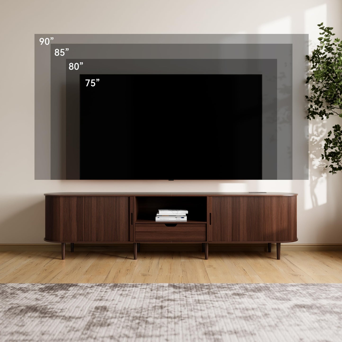 DHH 86.6" Fluted TV Stand with Power Outlet for TVs up to 90", TV Console with Adjustable Shelves and Sliding Door,Mid Century Modern Entertainment Center for Living Room,Bedroom (Walnut)