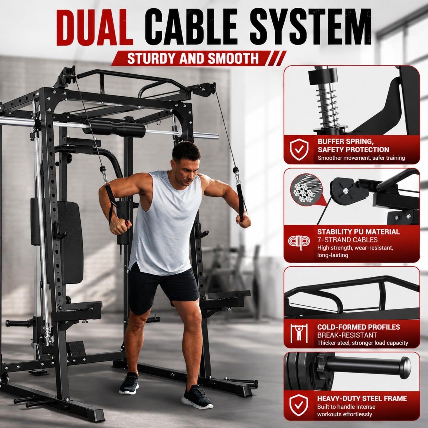 Smith Machine Squat Rack with Butterfly Chest Sation, Multi-Function Home Gym Power Cage with Cable Crossover, LAT Pulldown, 8 Weight Storage Pins & T-Bar for Full Body Strength Training