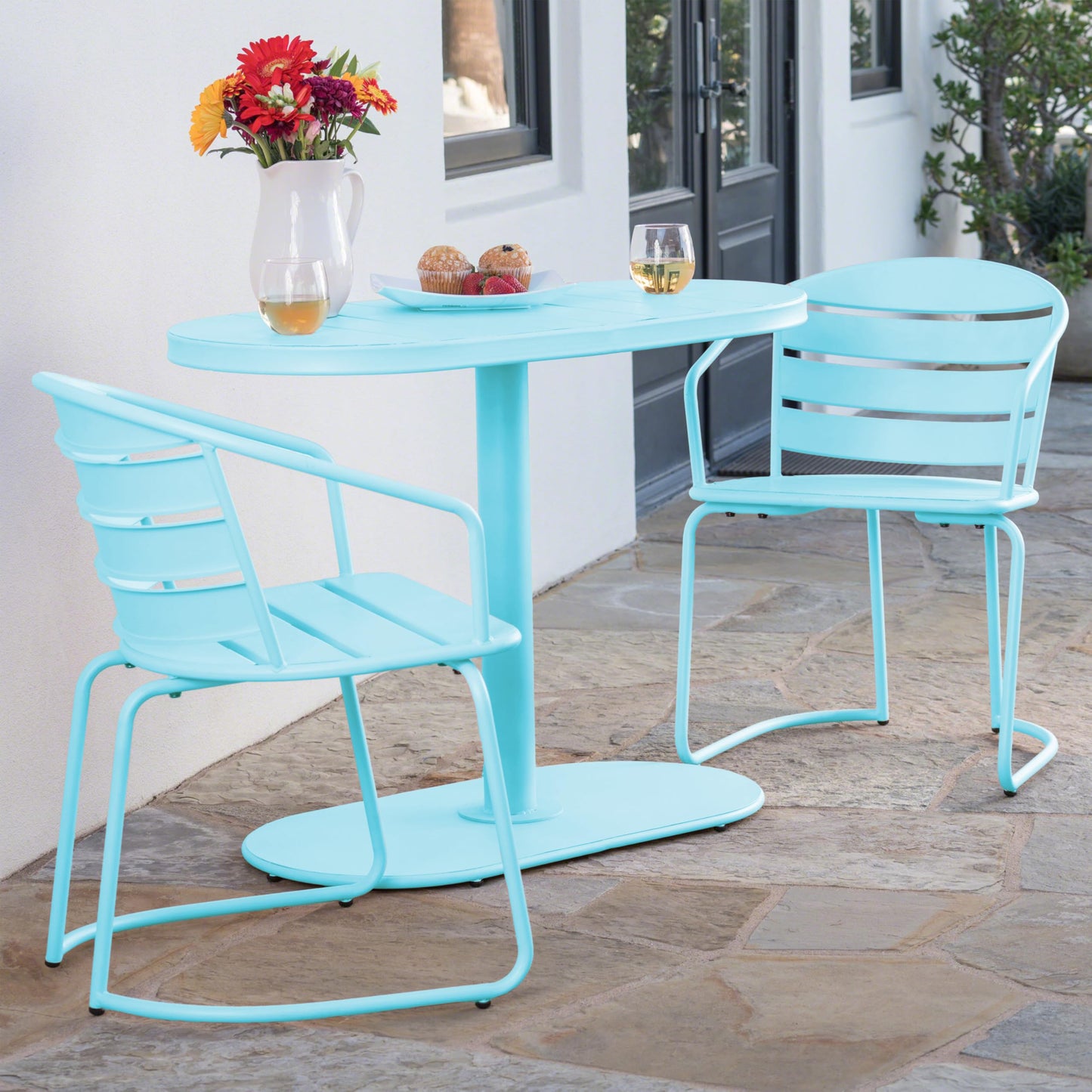 Christopher Knight Home Adley Outdoor Bistro Set, 3-Piece Bistro Table and Chair Set of 2, Patio Furniture Set with Iron Frame, Outdoor Bistro Dining Set, Poolside/Garden Cafeteria, Matte Light Blue