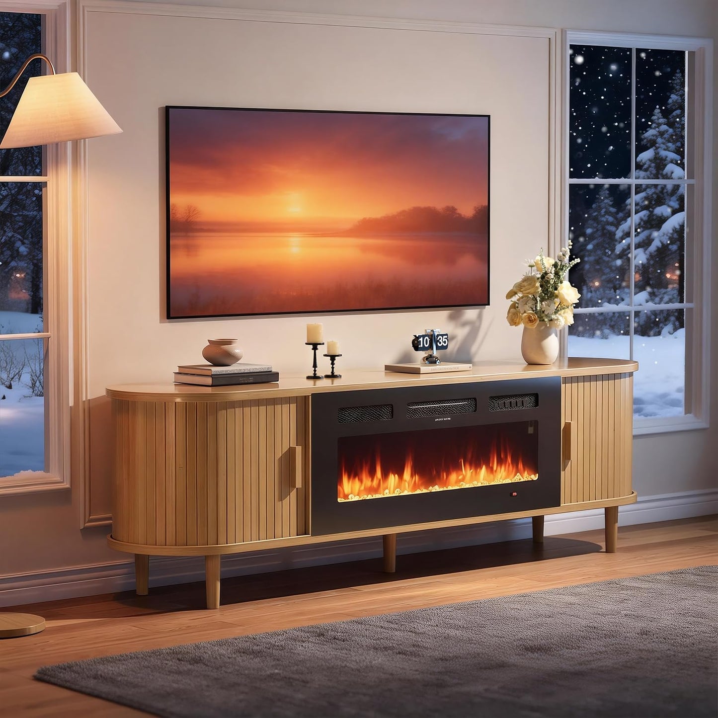 MXV 70″ Fluted Fireplace TV Stand, Mid Century Modern TV Stand with 36″ Fireplace for TVs Up to 80", Entertainment Center with Sliding Door & Solid Wood Legs, for Living Room, Oak
