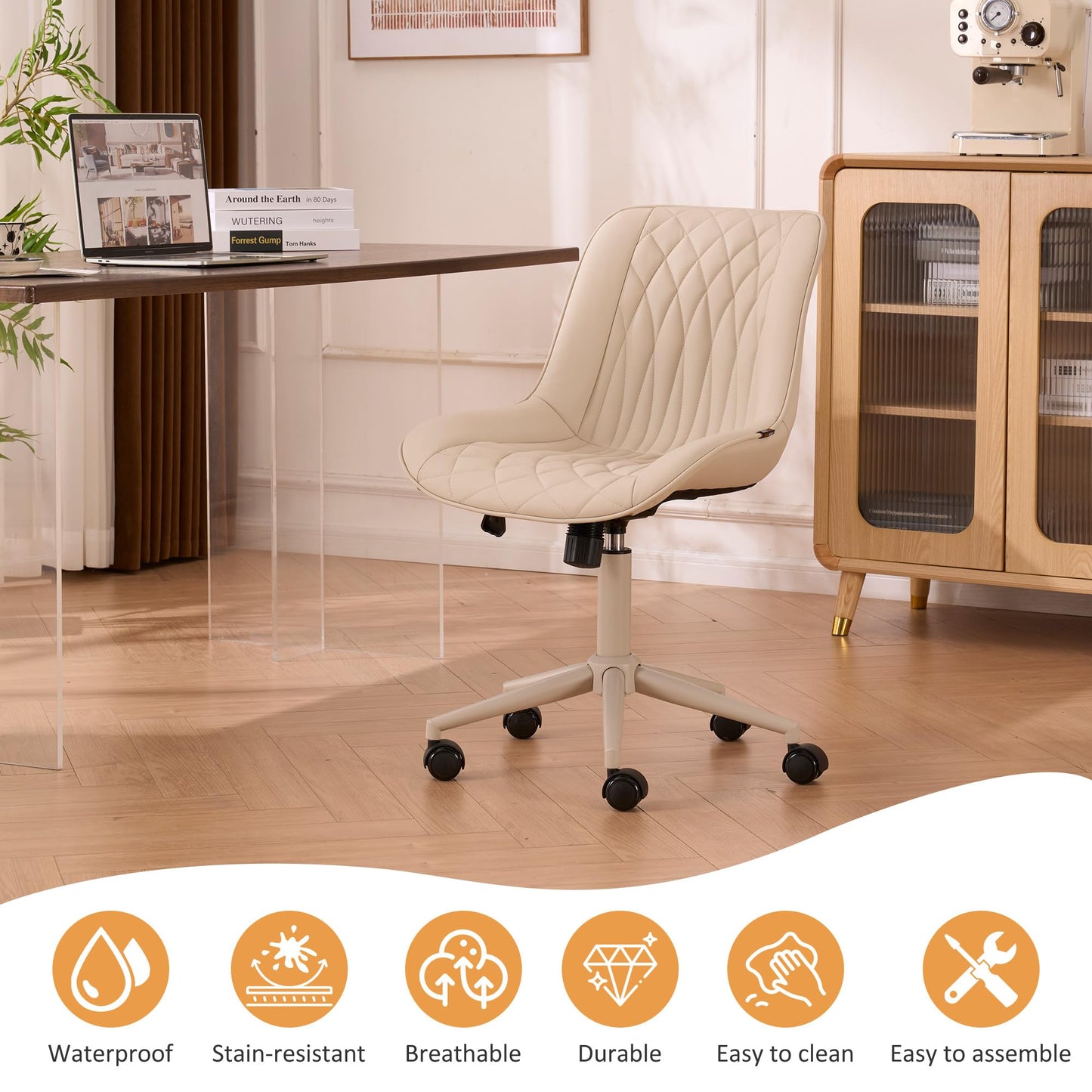 YOUNIKE Cream Faux Leather Ergonomic Office Chair Armless Comfy Desk Chair with Rocking Back Cute Swivel Vanity Chair with Wheels Height Adjustable Small Computer Task Chair for Sewing Drafting