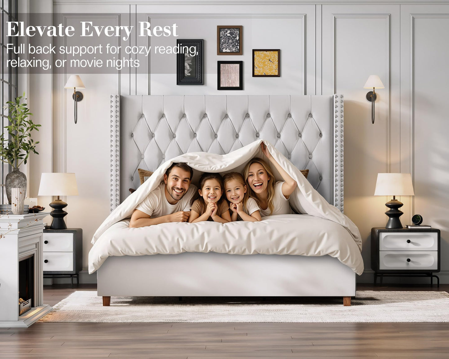 Jocisland King Size Bed Frame 61.4" Extra Tall Wingback Headboard Velvet Upholstered Deep Button Tufted Platform Bed with Solid Wood Legs & Wood Slats, No Box Spring Needed, Cream
