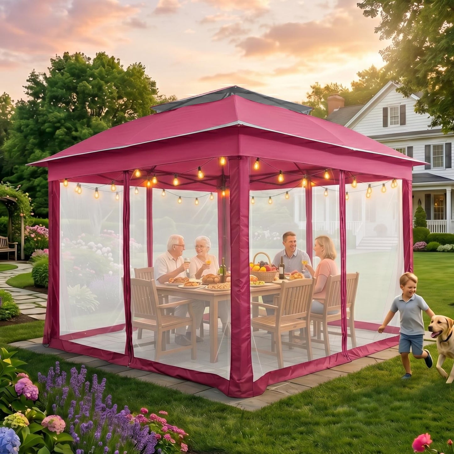 COOS BAY 11x11 Pop Up Gazebo with Mesh Netting, Instant Outdoor Canopy Tent, Water Resistant Shelter with UPF 50+ UV Protection, 121 Sq Ft Coverage, Dark Pink