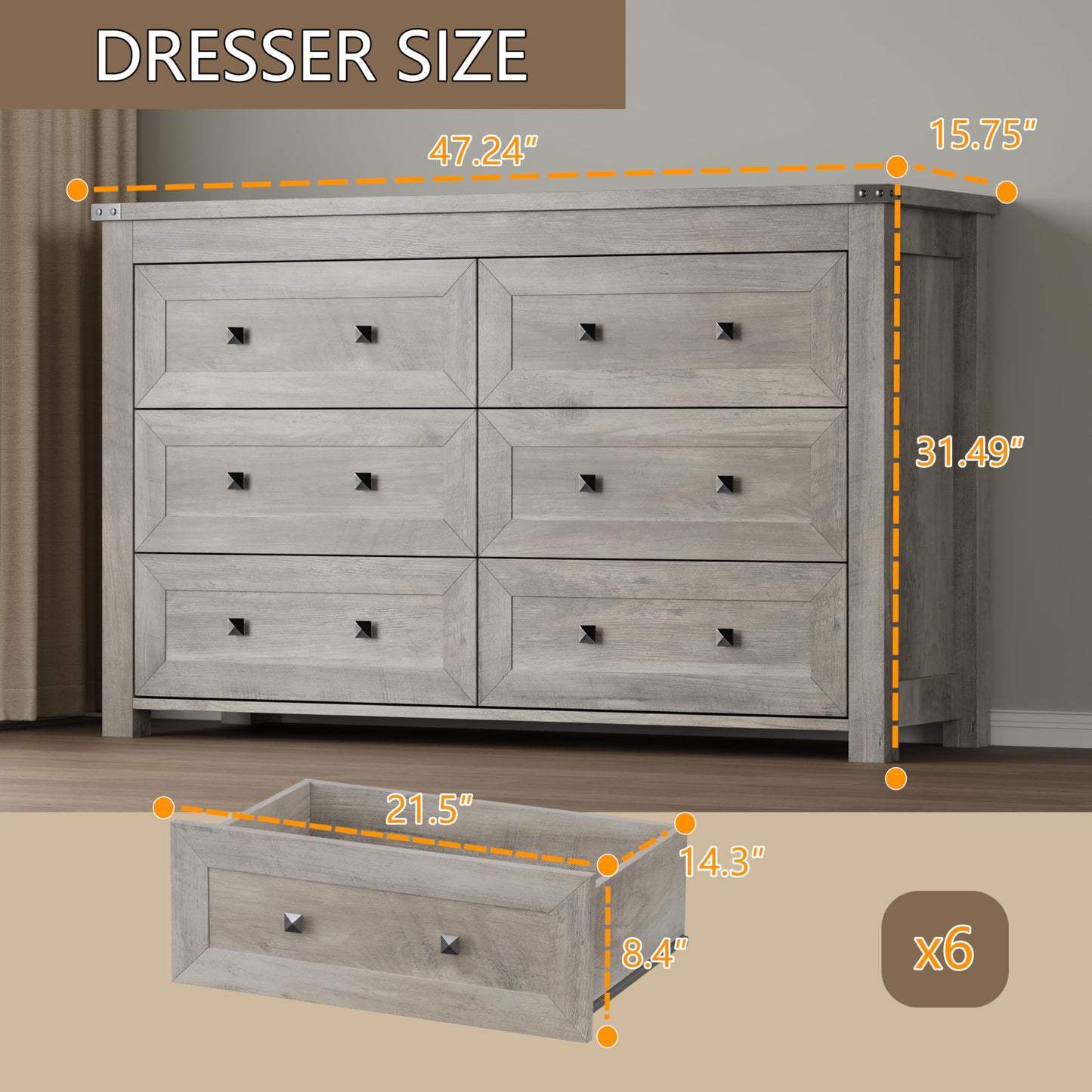 BORNOON 6-Drawer Dresser, Modern Wooden Storage Chest of Drawers, Dresser TV Stand, Wood Drawer Organizer with Metal Handles for Bedroom, Living Room, Hallway