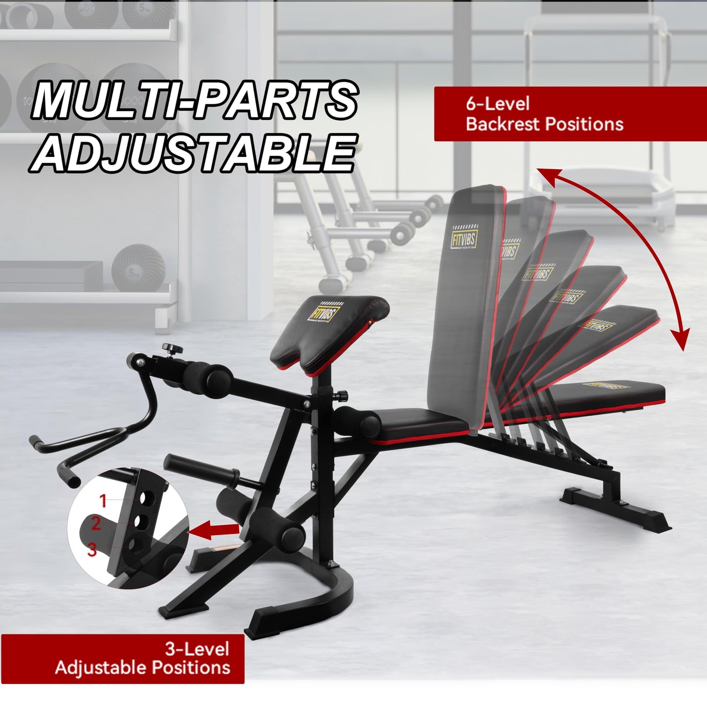 Fitvids Adjustable Weight Bench for Home Gym, 6-Position Utility Workout Bench with Leg Extension and Curl Machine, Preacher Pad, V-Handle, Weight Plate Holder, Heavy Duty Frame for Full Body Exercise