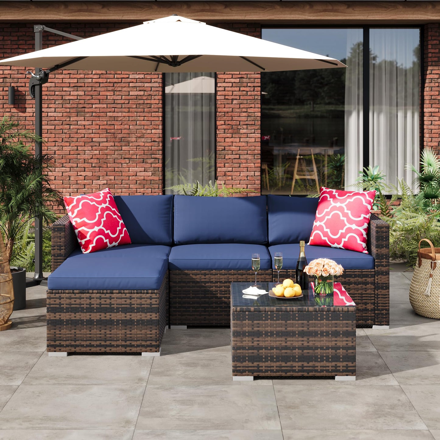 PeakPursuit Outdoor Patio Furniture Set, 5 Pieces Rattan Patio Conversation Sets with Glass Coffee Table and Cushion,All Weather Outdoor Patio Sofa for Garden, Poolside, Backyard,Blue