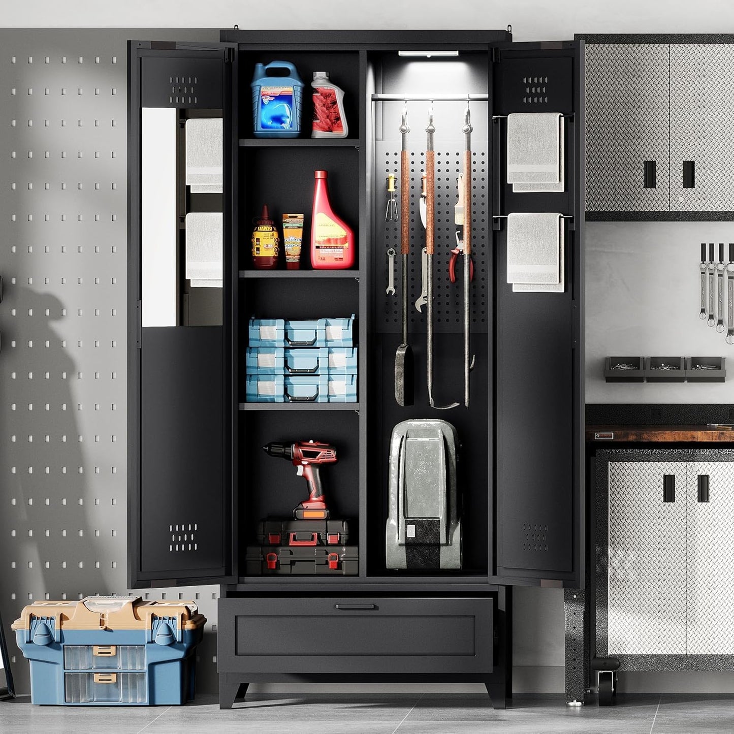 YITAHOME 71" Metal Garage Broom Cabinets with Adjustable Shelves, Vacuum Storage Cabinet with Doors and Drawer, Tool Storage Cabinet for Gym, Basement, Warehouse, Black, Metal