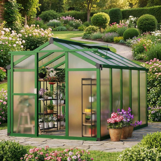 Towallmark 6x10 ft Walk-in Greenhouse with Roof Vent, Aluminum Frame & Polycarbonate Panels, Outdoor Heavy-Duty Garden House for Backyard, Patio, Winter Plant Protection