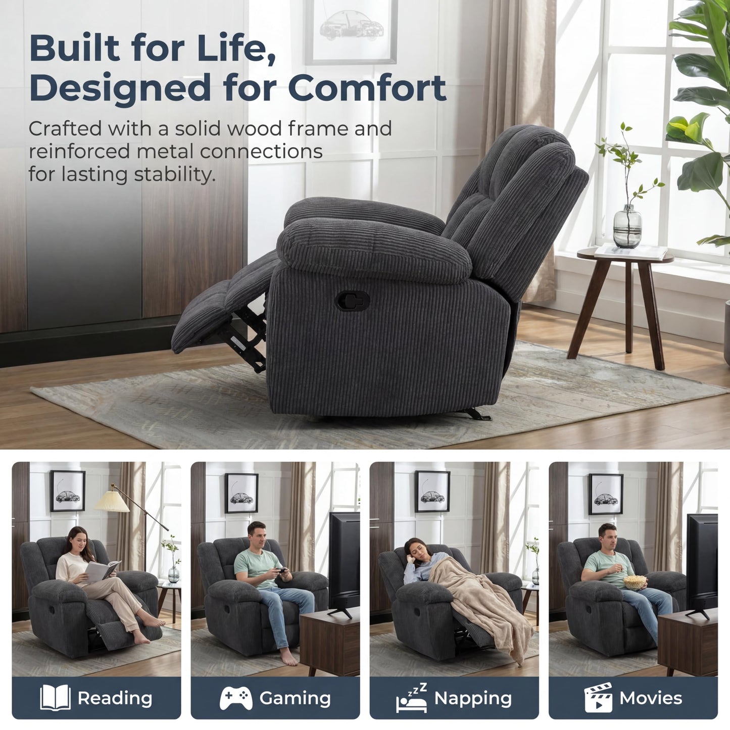 Trygoal Oversized Corduroy Recliner Chair, Manual Lazy Boy Recliner with Home Theater Seating, Breathable Living Room Reclining Chair for Adults Reading, Gaming, Relax, Dark Gray