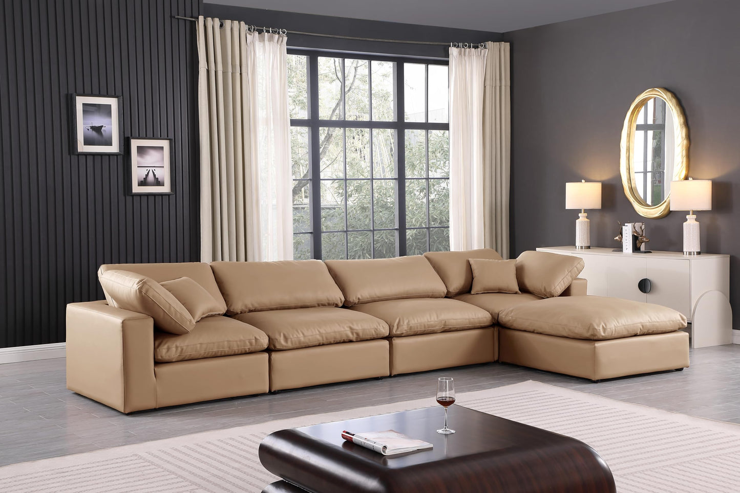 Meridian Furniture 188Tan-Sec5A Comfy Collection Modern | Contemporary Upholstered Modular Sectional, Soft Tan Vegan Leather, Fiber-Filled, 158" W x 79" D x 34.5" H, Tan