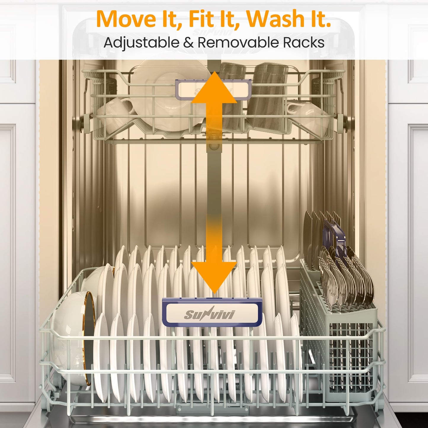 Sunvivi Built-in Dishwasher 24", 14-16 Place Settings Large Capacity Dish Washer, Stainless Steel Dishwasher Machine with Adjustable Racks, 8 Wash Programs, Energy Star Certified, Sliver