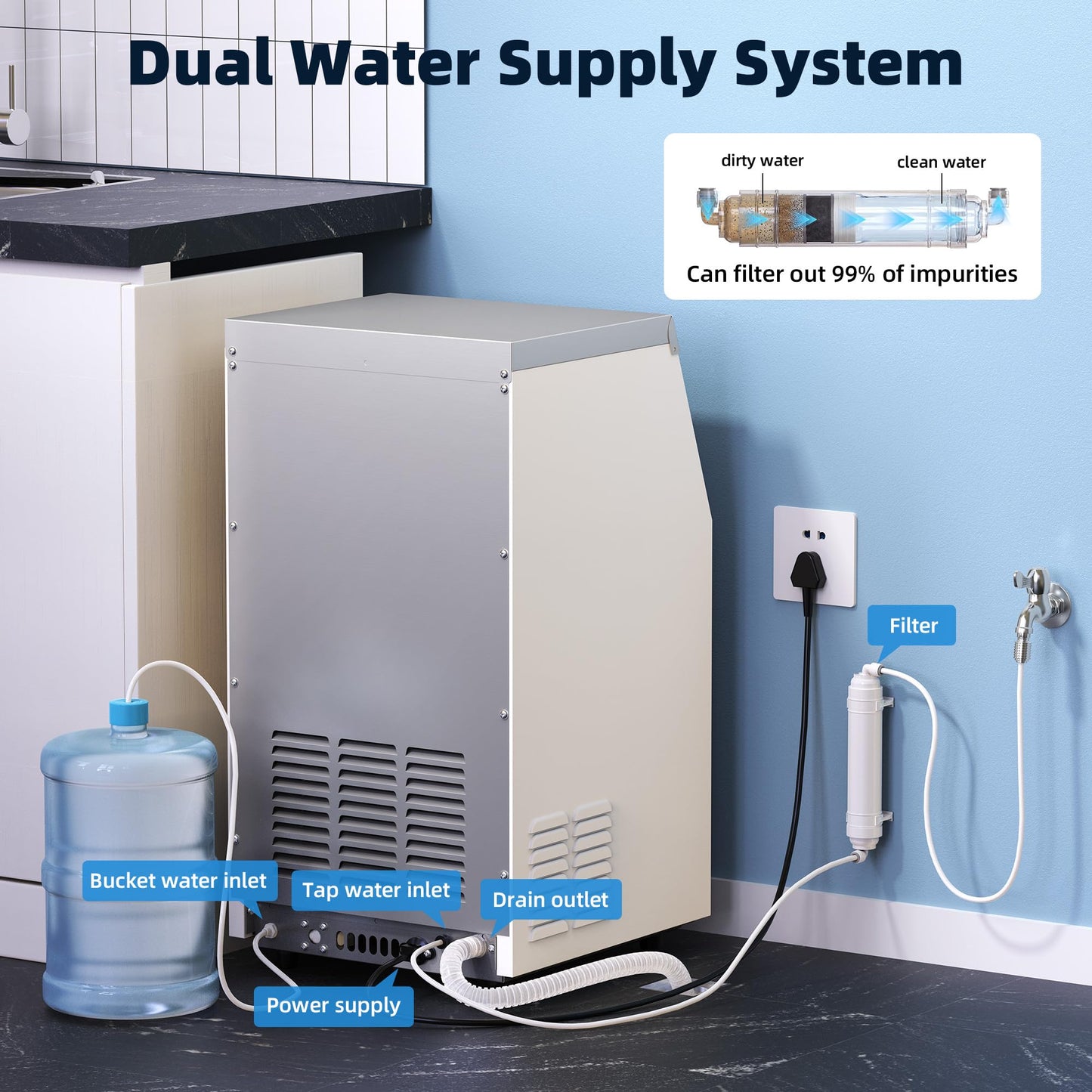 Ice Maker Machine, 100 lbs/24h with 20 lbs Storage, 40 Ice Cubes/15 Mins, ETL FCC, Freestanding Ice Maker with LED Display, 24H Timer, Smart Reminder, Self-Cleaning, for Home Bar Restaurant