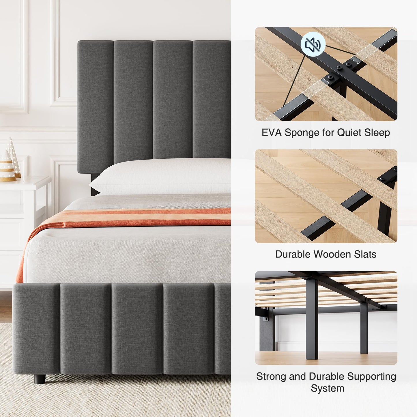 Garvee King Size Bed Frame, Linen Upholstered Platform Bed Frame with 4 Storage Drawers, Adjustable Height Headboard, No Box Spring Needed, Easy Assembly, Grey