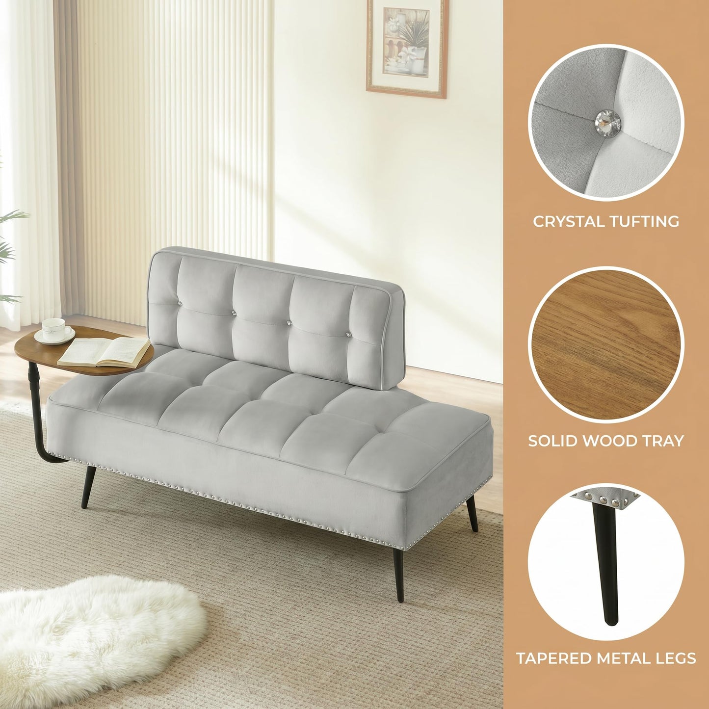 Trygoal Velvet Loveseat Sofa Couch, Futon Sofa Couch with 360° Swivel Side Table, Small Couches with Backrest and Foam Cushion for Small Spaces, Entryway Bench, Apartment, Bedroom, Gray