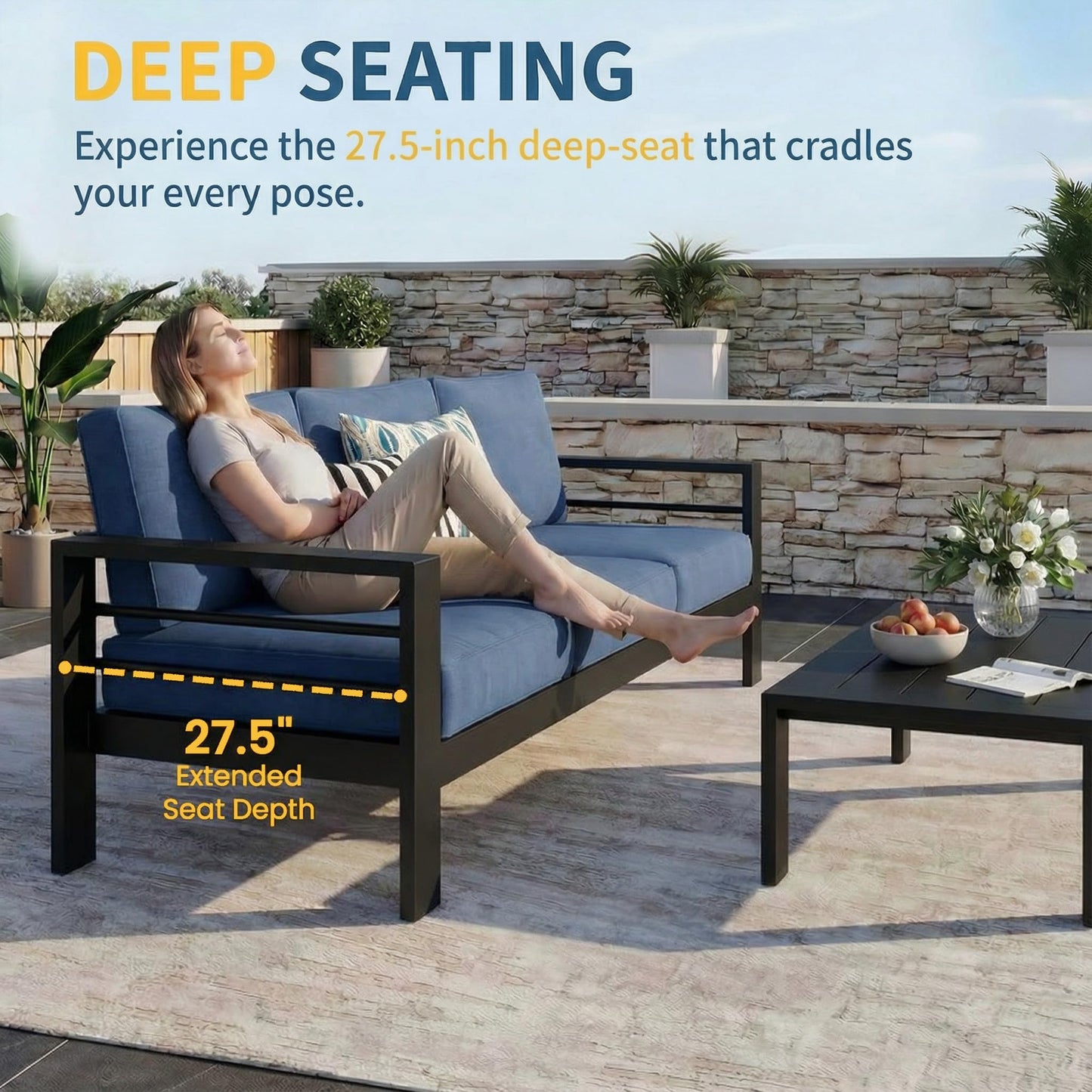 Solaste Aluminum Patio Furniture Set for All Weather, Modern Metal Outdoor Furniture Set with 27.5" Deep Seating and 3.2" Wide Armrest, Outdoor Patio Conversation Set with 10" Back Cushion, Blue